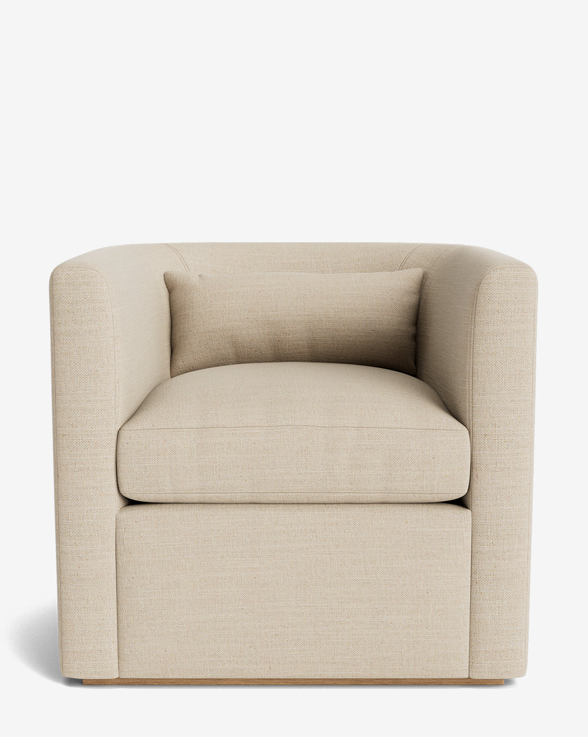 The Reese Lounge Chair features beige upholstery, a boxy modern design with rounded arms, down-wrapped cushions, and a matching rectangular cushion, all set against a plain white background by McGee & Co.