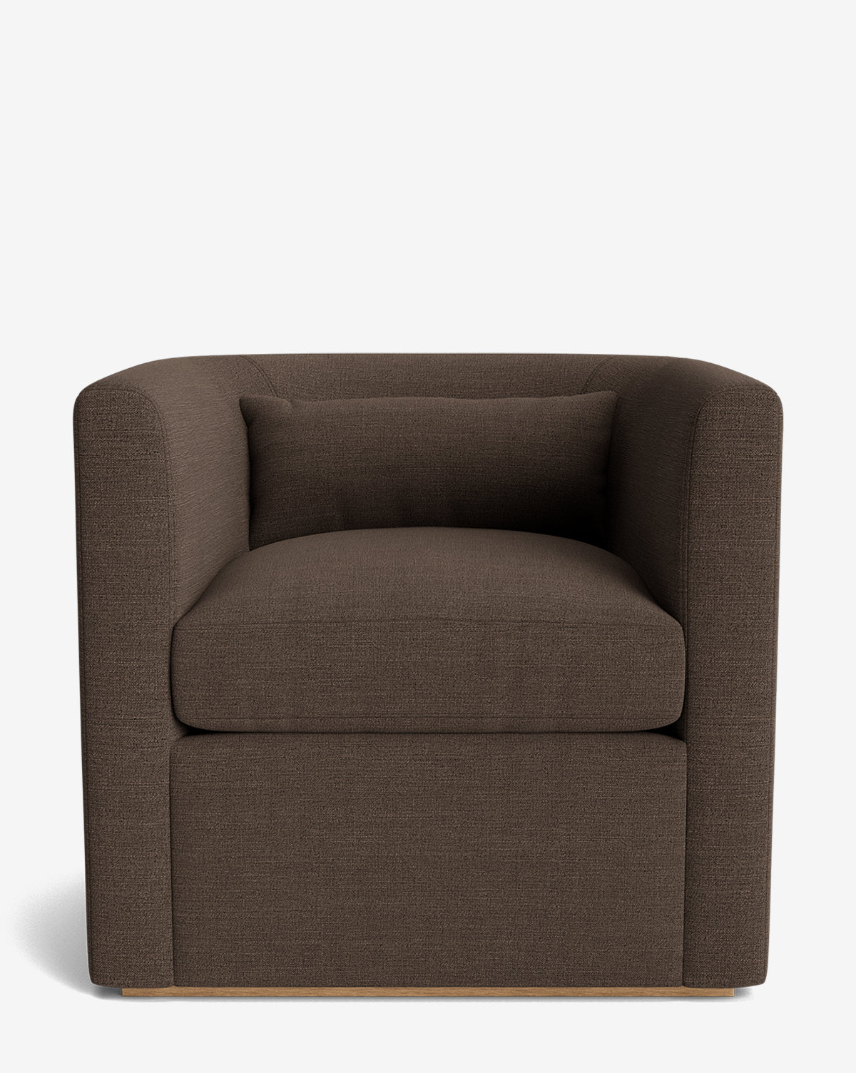 The Reese Lounge Chair features a modern boxy design, dark brown upholstery, a thick down-wrapped seat cushion, low arms, and comes with a matching rectangular lumbar pillow—shown here against a plain white background by McGee & Co.