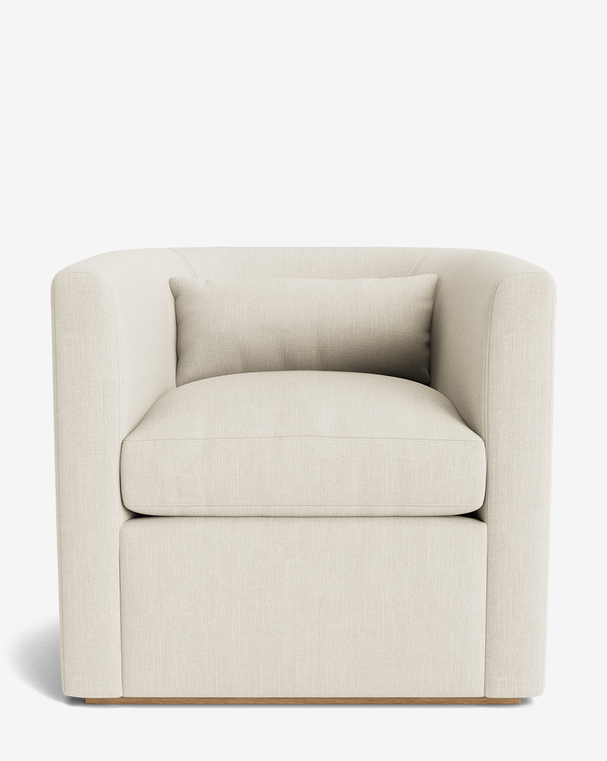 The Reese Lounge Chair features a boxy, modern design in cream, with thick down-wrapped cushions, a low backrest, and a matching lumbar pillow, shown against a plain white background by McGee & Co.
