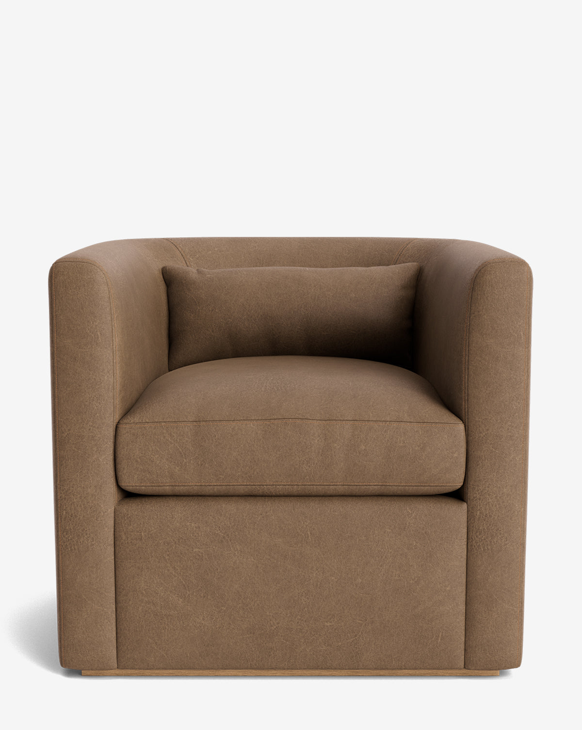 The Reese Lounge Chair features a modern boxy design, upholstered in brown fabric with straight arms, a plush down-wrapped seat cushion, and a matching rectangular back pillow, shown on a plain white background by McGee & Co.