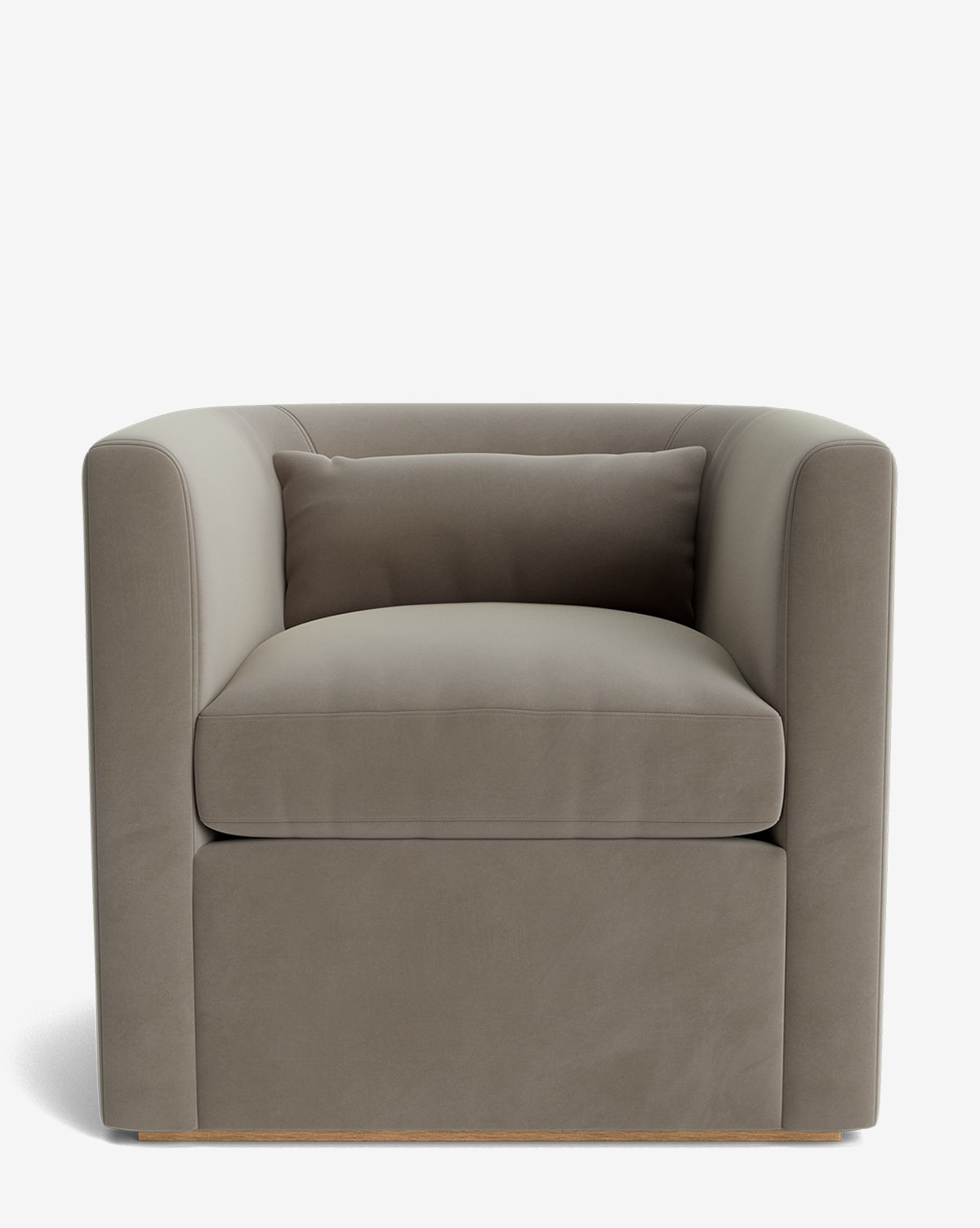 The Reese Lounge Chair is a modern, square-shaped design upholstered in light taupe fabric with a matching cushion and plush, down-wrapped cushions, shown from the front against a white background by McGee & Co.