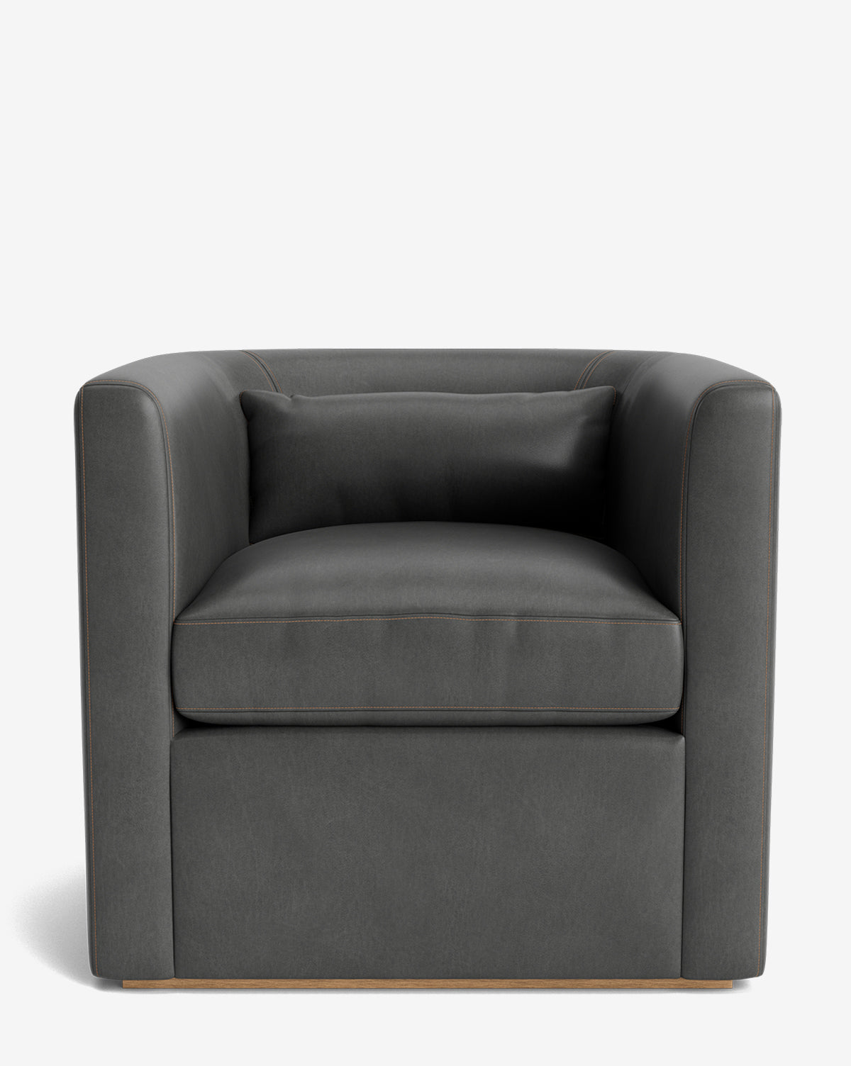 The Reese Lounge Chair features a modern boxy design, upholstered in dark gray leather with a matching lumbar pillow, down-wrapped cushions, wide square arms, and a low back, shown against a plain white background by McGee & Co.