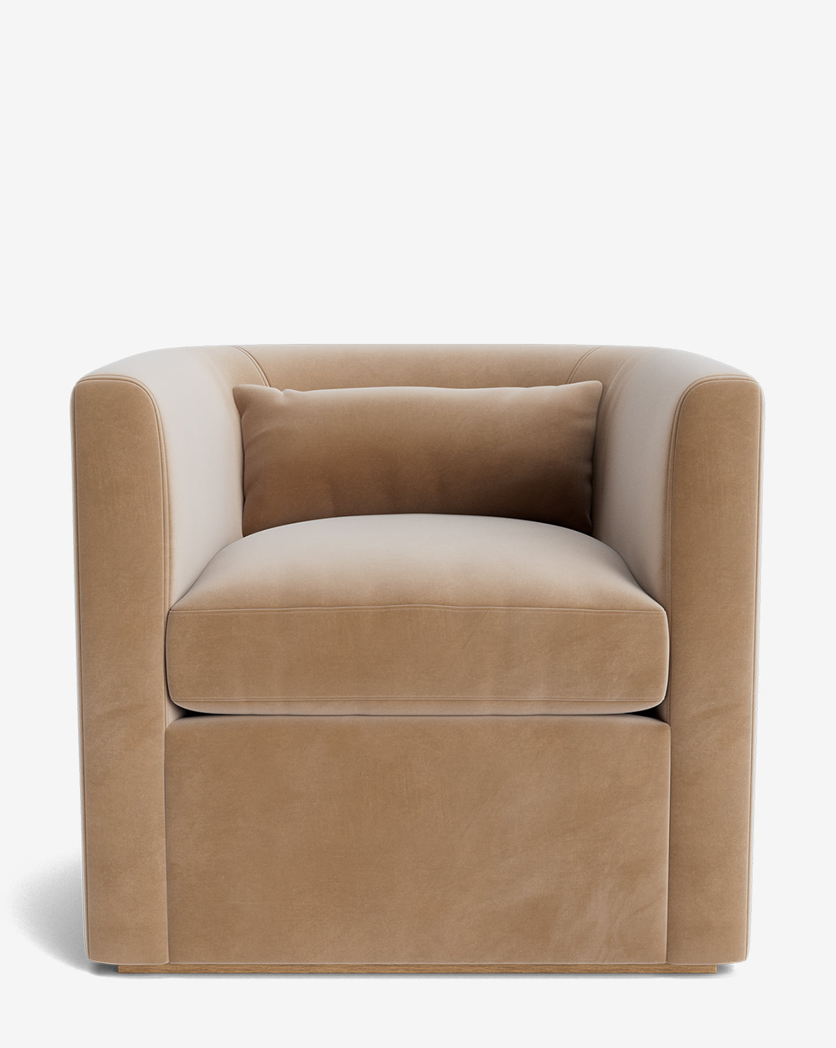 The Reese Lounge Chair features a modern boxy design, light brown velvet upholstery, wide seat, straight arms, down-wrapped cushions, and a matching lumbar cushion—all set against a plain white background by McGee & Co.