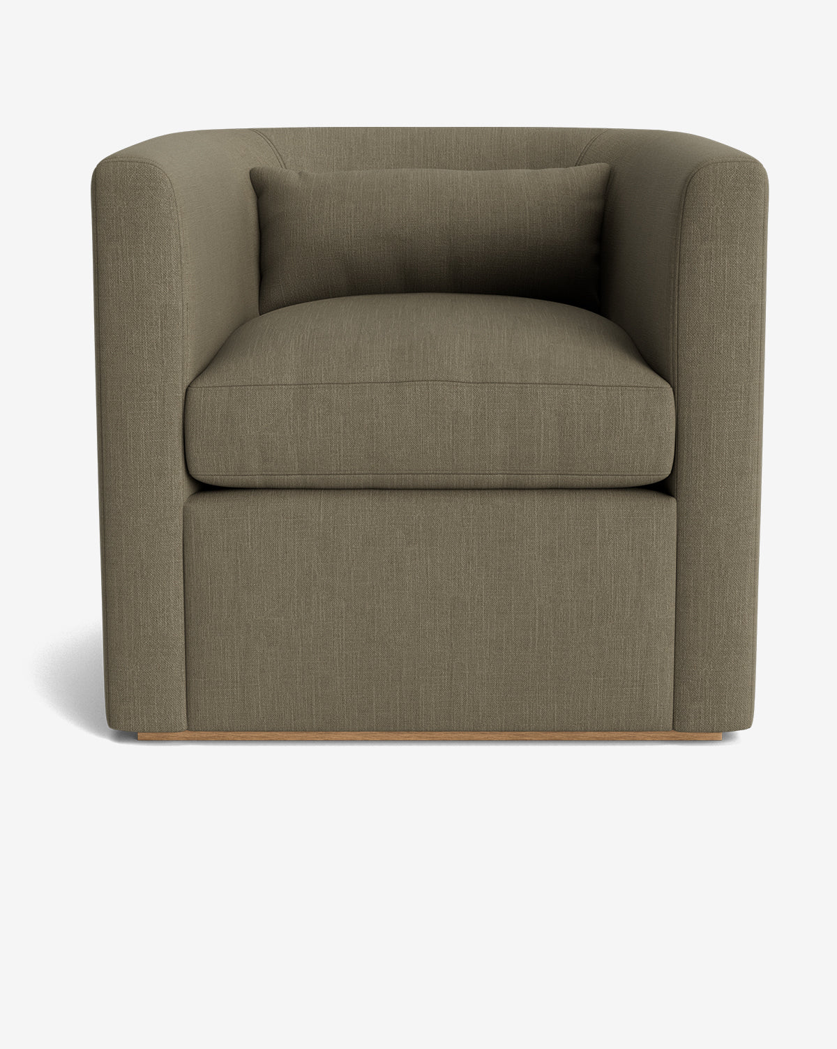 The Reese Lounge Chair features olive green upholstery, a boxy modern design, down-wrapped cushions, a matching rectangular back pillow, slightly curved armrests, and low handcrafted alder wood legs, by McGee & Co.
