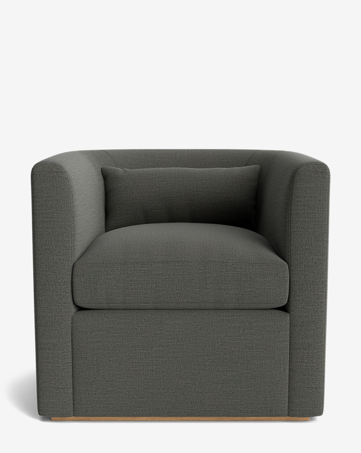 The Reese Lounge Chair is a modern, dark gray upholstered seat with a boxy design and matching rectangular cushion, featuring down-wrapped cushions for added comfort, shown against a plain white background by McGee & Co.
