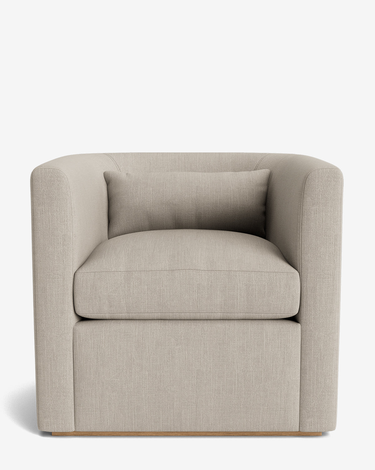 The Reese Lounge Chair is a modern, light beige seat with a boxy shape, low arms, and a matching rectangular cushion, accented by handcrafted alder wood and set against a plain white background by McGee & Co.