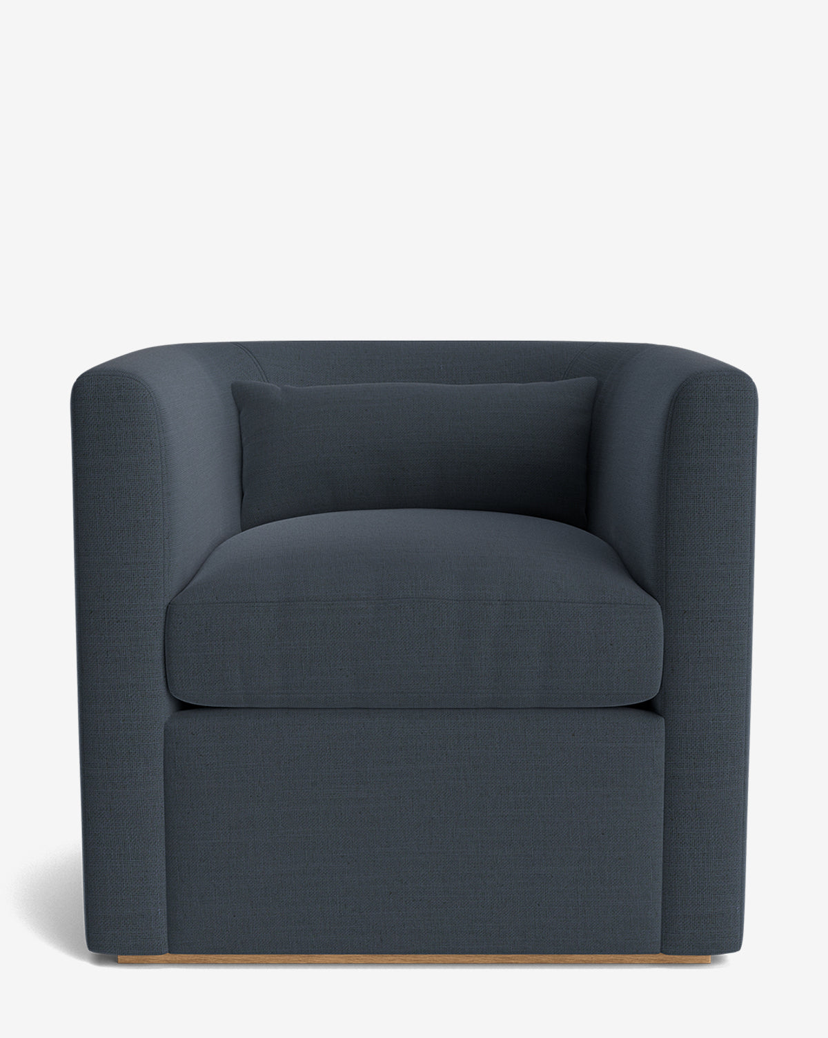 The Reese Lounge Chair features a modern boxy design with dark gray upholstery, down-wrapped cushions, and rests on a handcrafted alder wood base, shown here against a plain white background by McGee & Co.