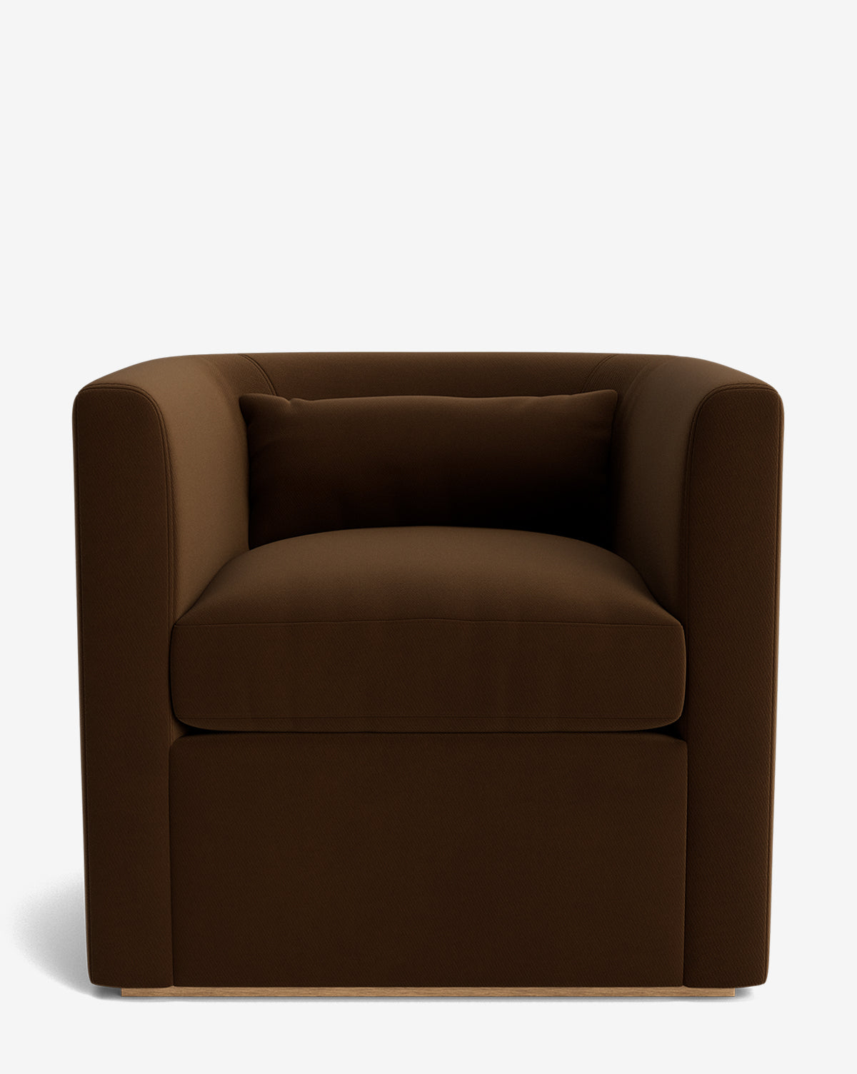 The Reese Lounge Chair is a modern, boxy chair upholstered in dark brown fabric with thick down-wrapped seat and back cushions, plus a matching rectangular pillow, shown against a plain white background by McGee & Co.