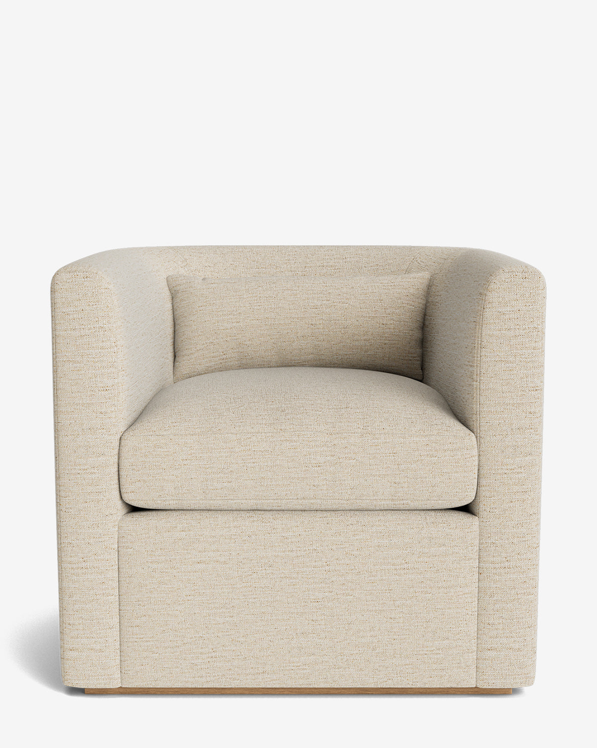 The Reese Lounge Chair is a modern, beige upholstered seat with a boxy silhouette, thick down-wrapped cushions, slightly rounded arms, and a matching square throw pillow, shown against a plain white background by McGee & Co.