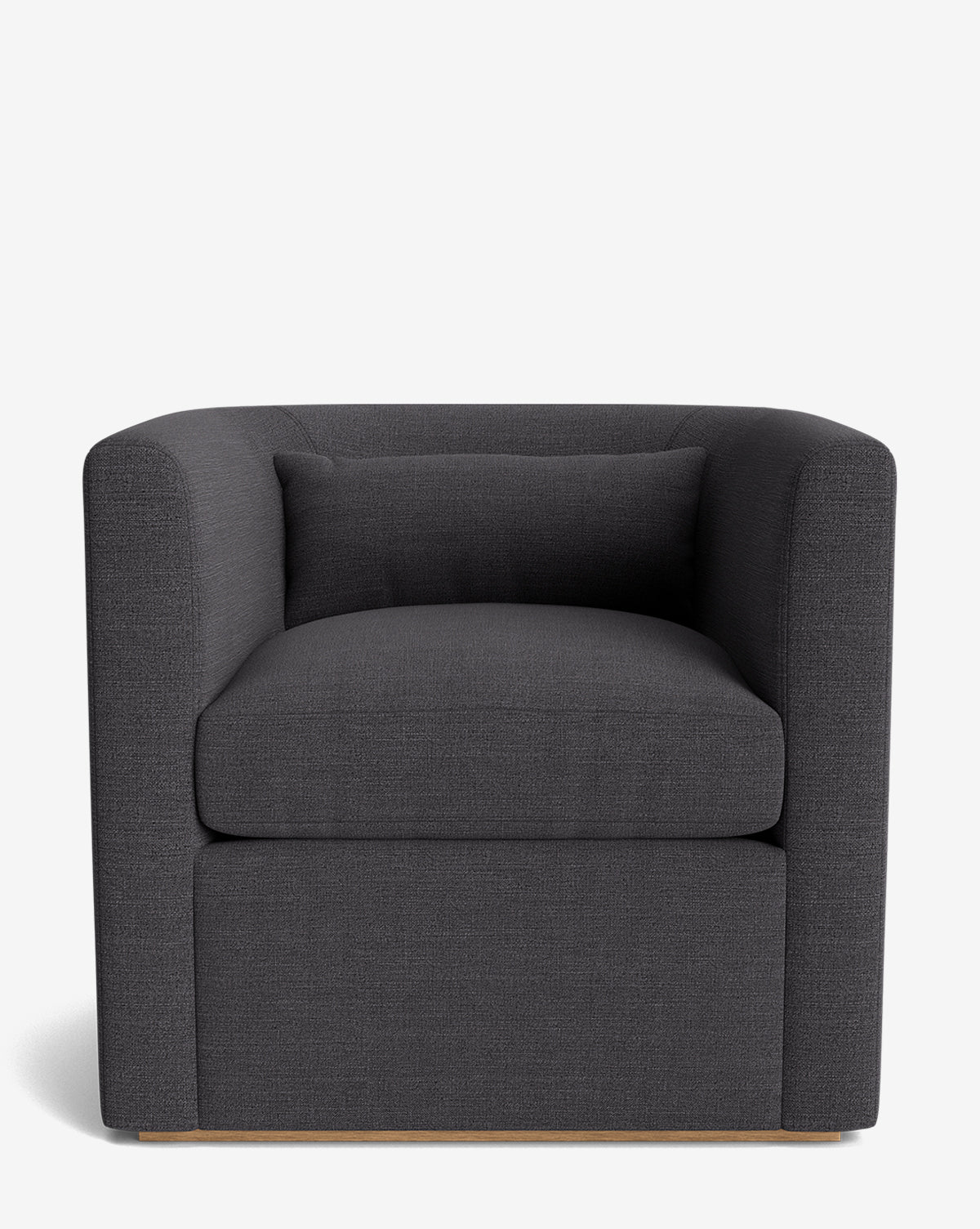 The Reese Lounge Chair features a modern, boxy design in dark gray fabric, thick down-wrapped cushions, a matching rectangular pillow, and a low handcrafted alder wood base, shown from the front on a plain white background by McGee & Co.