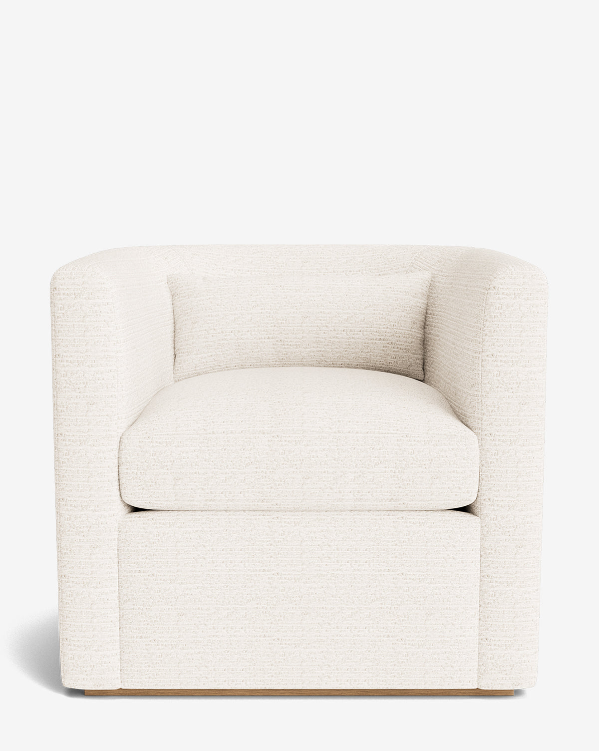 The Reese Lounge Chair features a modern, cream-colored design with a boxy silhouette, handcrafted alder wood frame, plush cushion, and matching pillow, shown against a plain white background by McGee & Co.