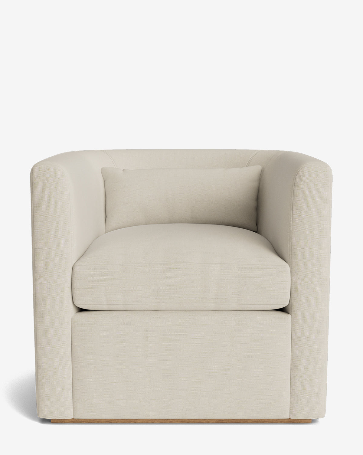 The Reese Lounge Chair is a modern, cream-colored seat with a boxy design and rounded arms. Seen from the front, it has down wrapped cushions, a matching cushion, and a slightly recessed handcrafted alder wood base by McGee & Co.