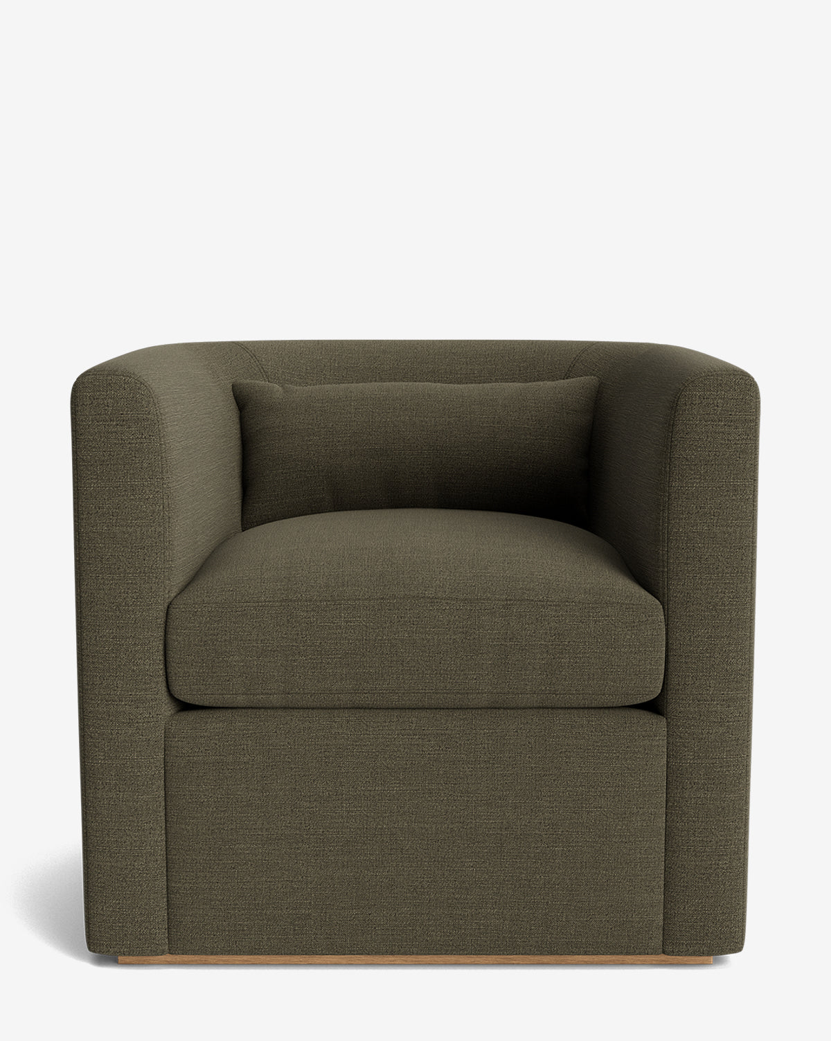 The Reese Lounge Chair is a modern, boxy seat upholstered in textured olive-green fabric with wide armrests, down-wrapped cushions, and a matching rectangular pillow, shown against a white background by McGee & Co.