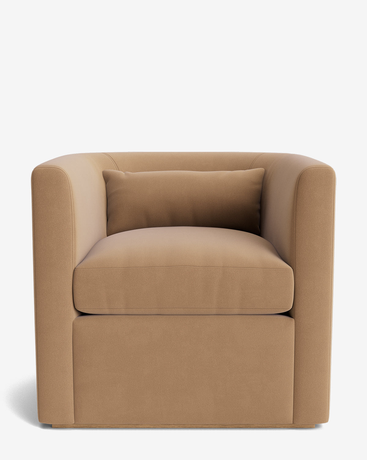 The Reese Lounge Chair features a boxy, modern design with tan upholstery, straight armrests, and plush down-wrapped cushions on a handcrafted alder wood frame, set against a plain white background by McGee & Co.