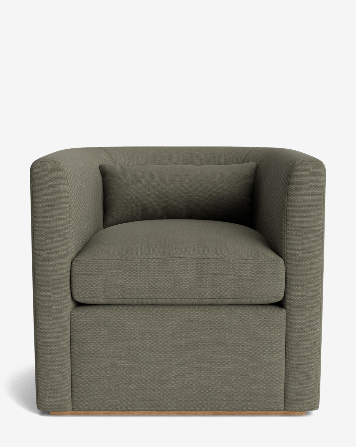 The Reese Lounge Chair features olive green upholstery, down-wrapped cushions, a low back, wide arms, a matching rectangular cushion, and rests on a handcrafted alder wood base against a white background by McGee & Co.