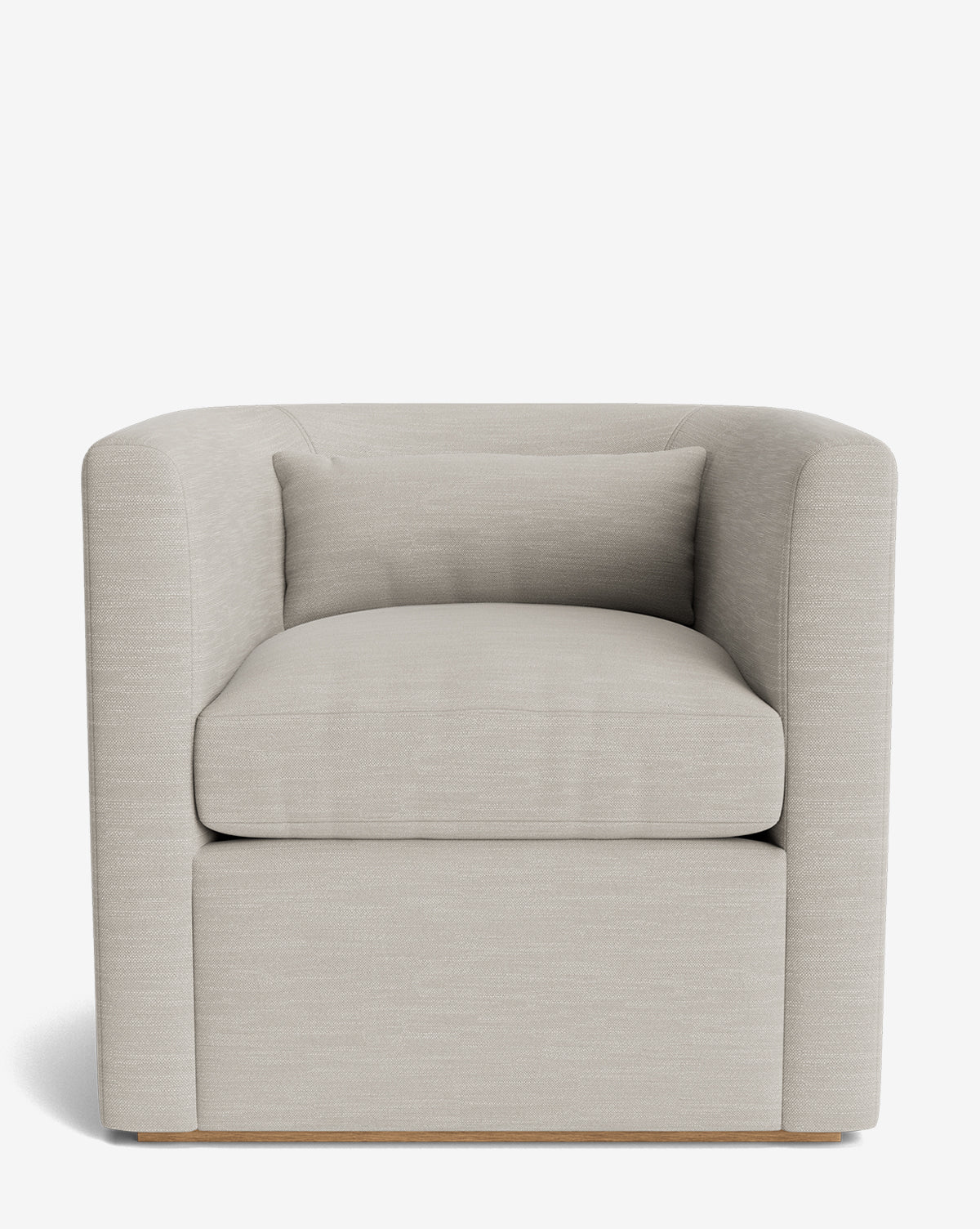 The Reese Lounge Chair features a modern boxy design in light beige, with a handcrafted alder wood frame, plush seat cushion, and a matching rectangular pillow, shown against a plain white background by McGee & Co.