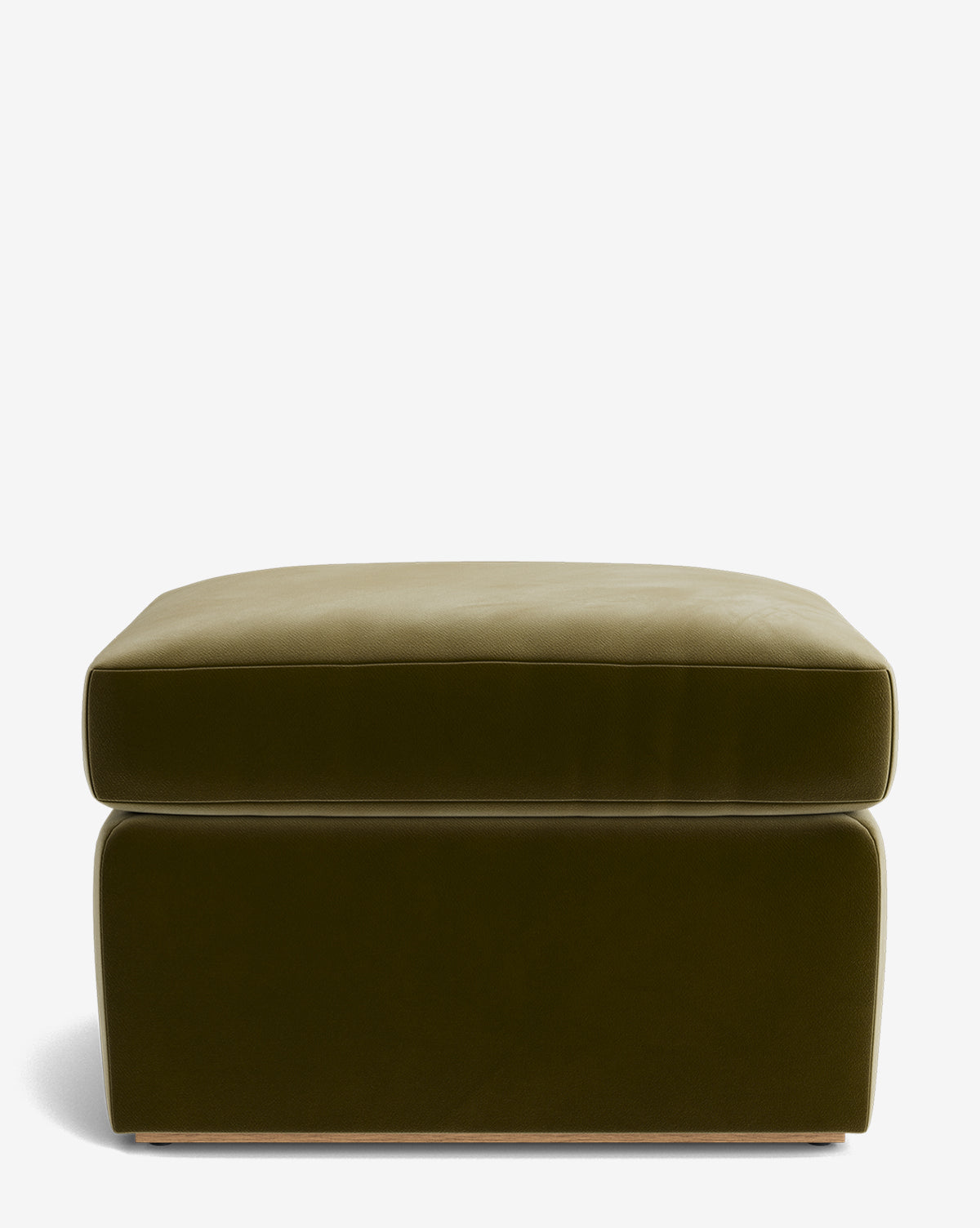 The Reese Ottoman is a handcrafted, square ottoman in olive green with plush, down-wrapped cushion top and smooth, rounded edges, by Vendixs