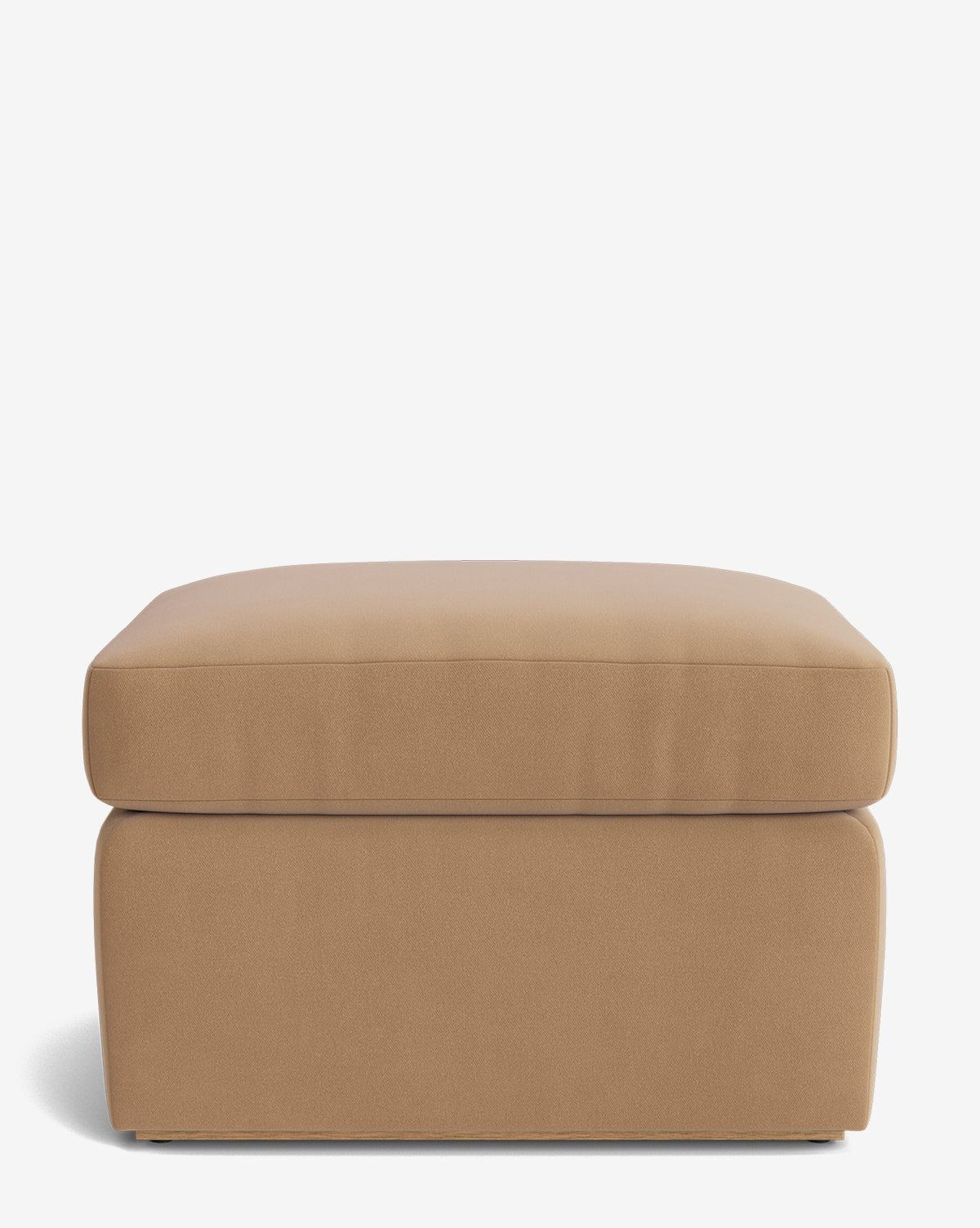The Reese Ottoman showcases a tan, smooth upholstered fabric in a simple modern design. This handcrafted piece is displayed against a plain white background, by Vendixs