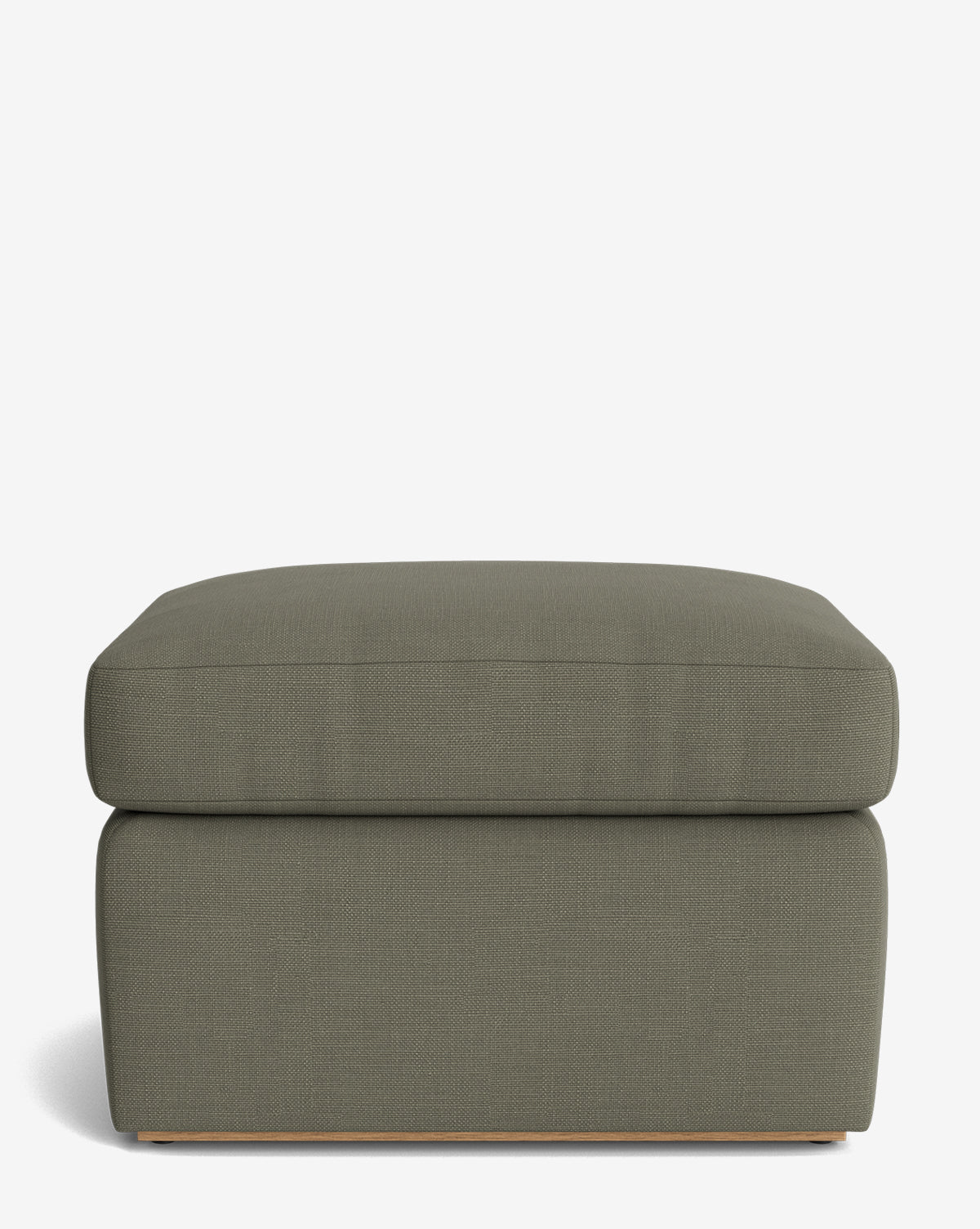 The Reese Ottoman is a square, olive-green ottoman with a down-wrapped cushion and minimalist design, featuring a light wood base, by McGee & Co.