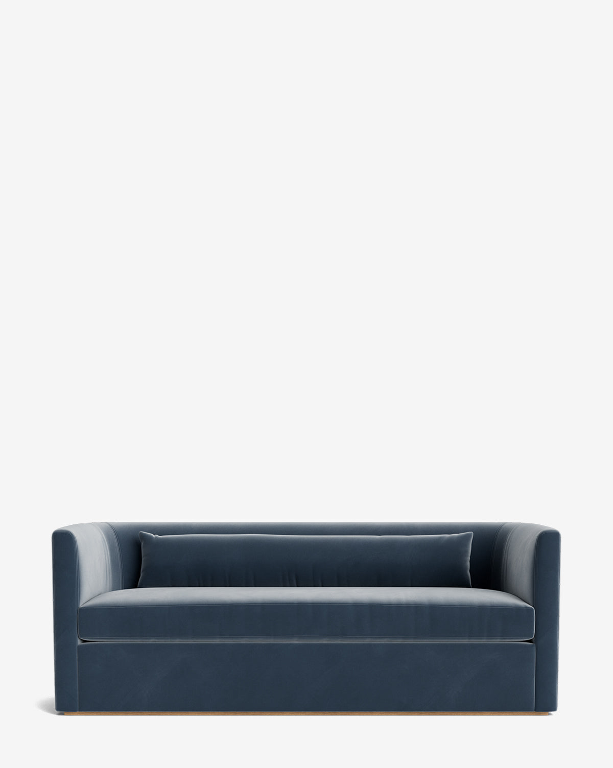 The Reese Sofa (84-96) showcases modern deep blue velvet upholstery, a boxy silhouette, low back, straight arms, handcrafted alder wood base, and includes matching lumbar and down-wrapped cushions, by Vendixs Shown on a plain white background.