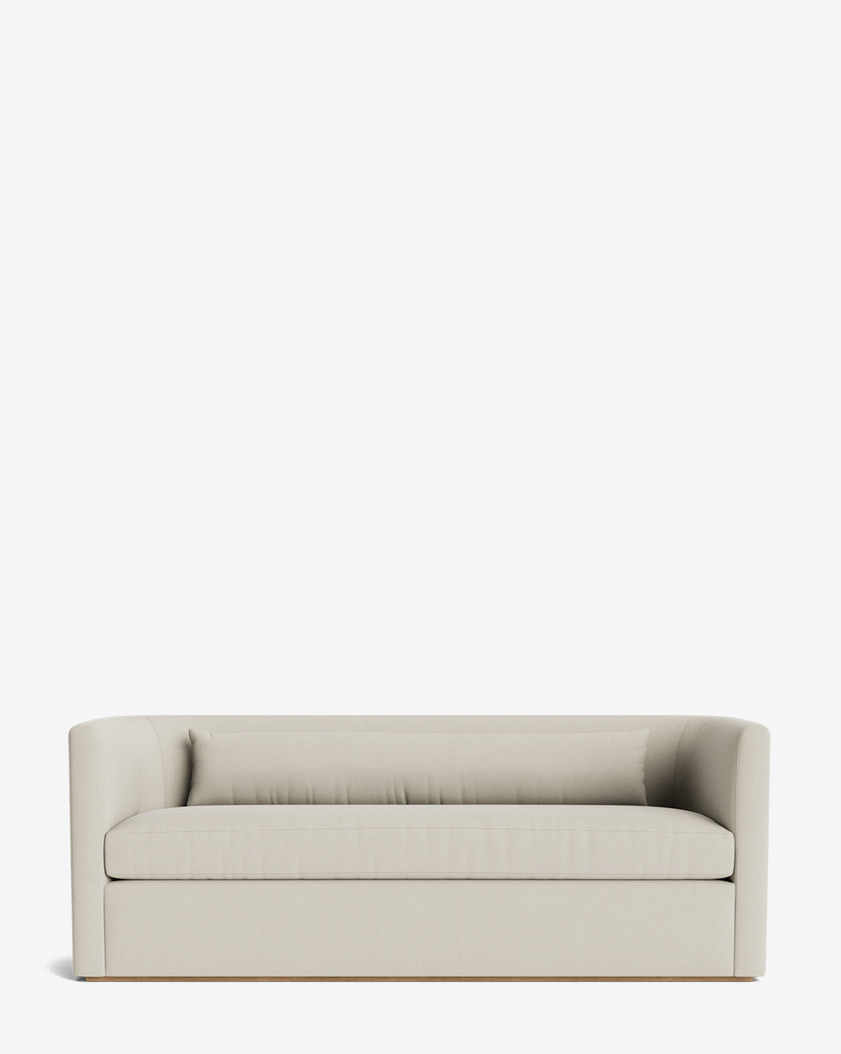 The Reese Sofa (84-96) showcases a modern, light gray design with down-wrapped cushions, a low back, straight arms, and a handcrafted alder wood frame that stands out against a plain white background by Vendixs