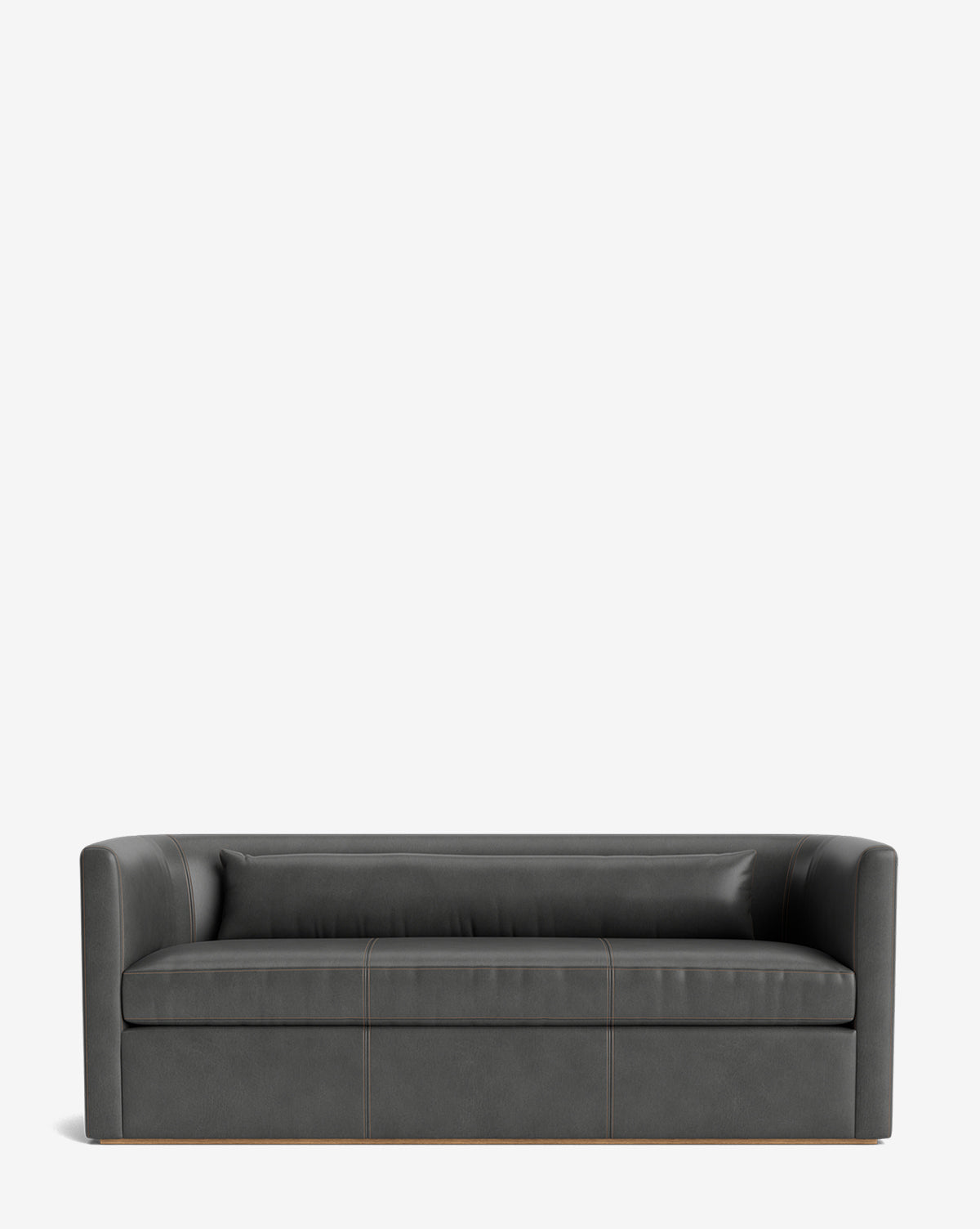 The Reese Sofa (84-96) is a modern black leather sofa with a low backrest and equal-height armrests, down-wrapped cushions, subtle stitching, and handcrafted alder wood accents, shown on a plain white background by McGee & Co.