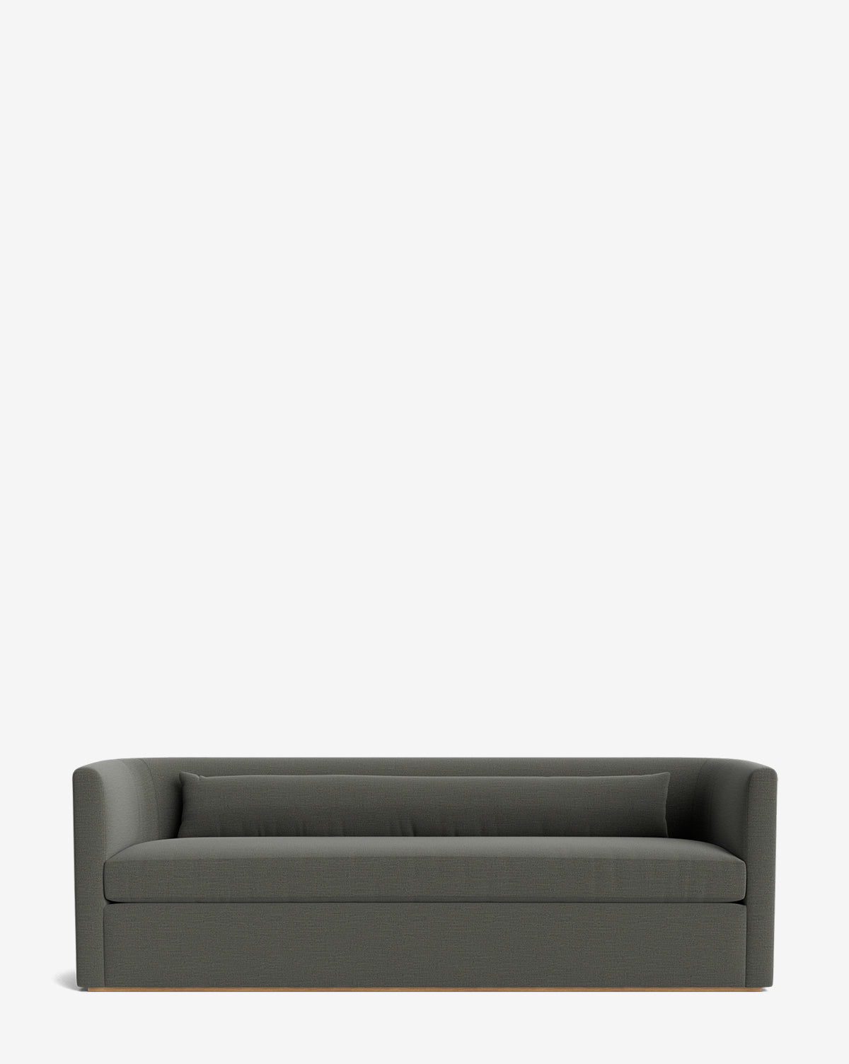 The Reese Sofa (84-96) features handcrafted alder wood, down-wrapped cushions, straight arms, and a low backrest, by Vendixs Its minimalist design includes a single long seat and matching back cushion, all shown against a white background.
