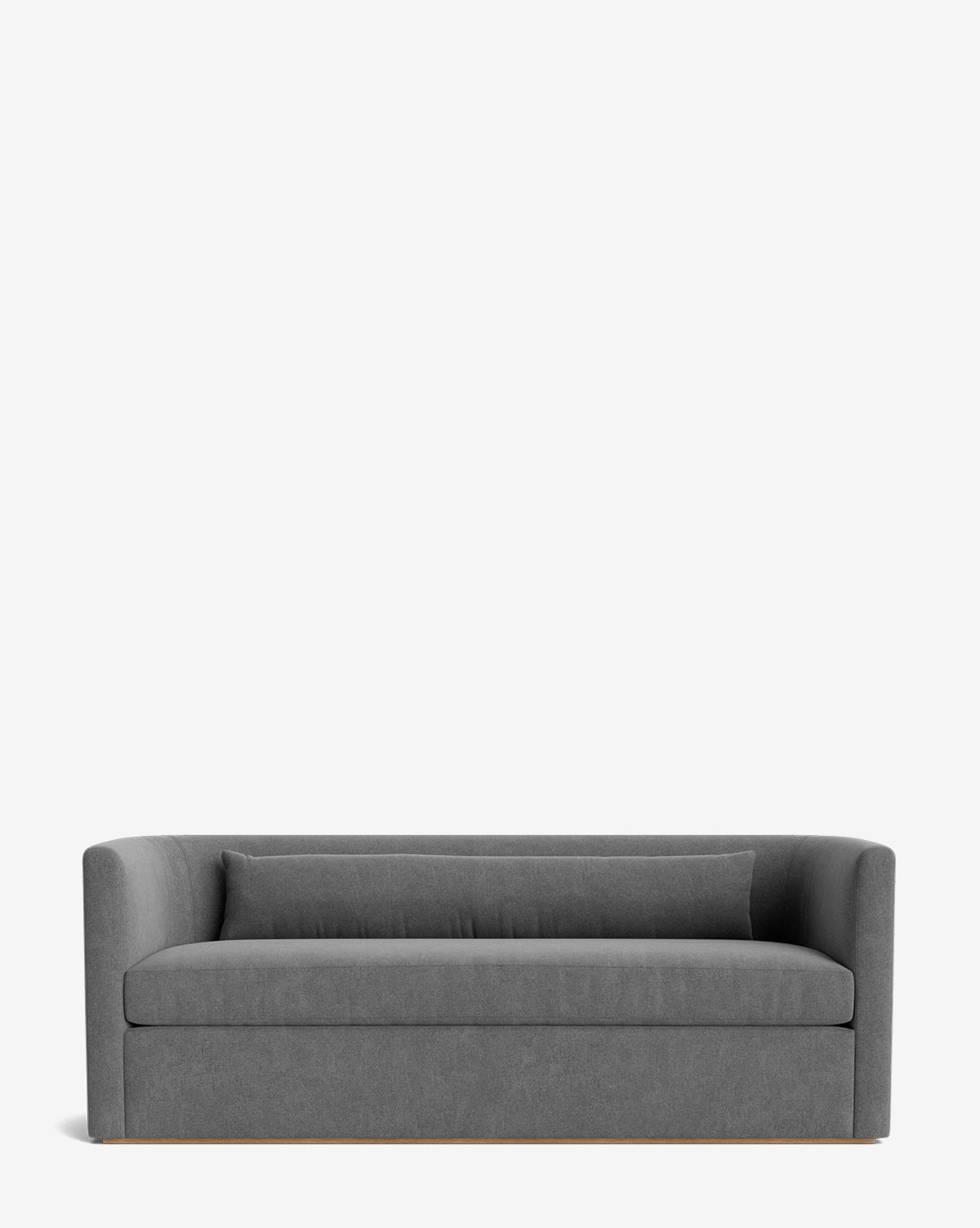 The Reese Sofa (84-96) showcases a modern gray upholstered design with a low back, curved armrests, down-wrapped cushions, and a handcrafted alder wood frame, finished with a matching rectangular pillow on a plain white background by Vendixs