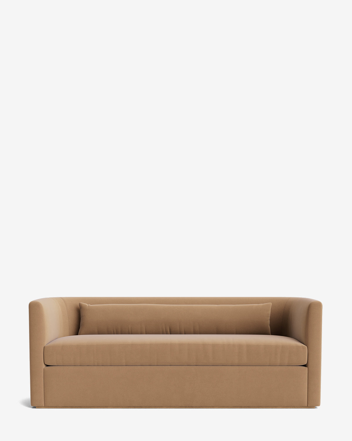 The Reese Sofa (84-96) features a modern minimalist design with a low, curved backrest and armrests, handcrafted alder wood accents, a matching rectangular cushion, and clean lines, set against a plain white background by McGee & Co.