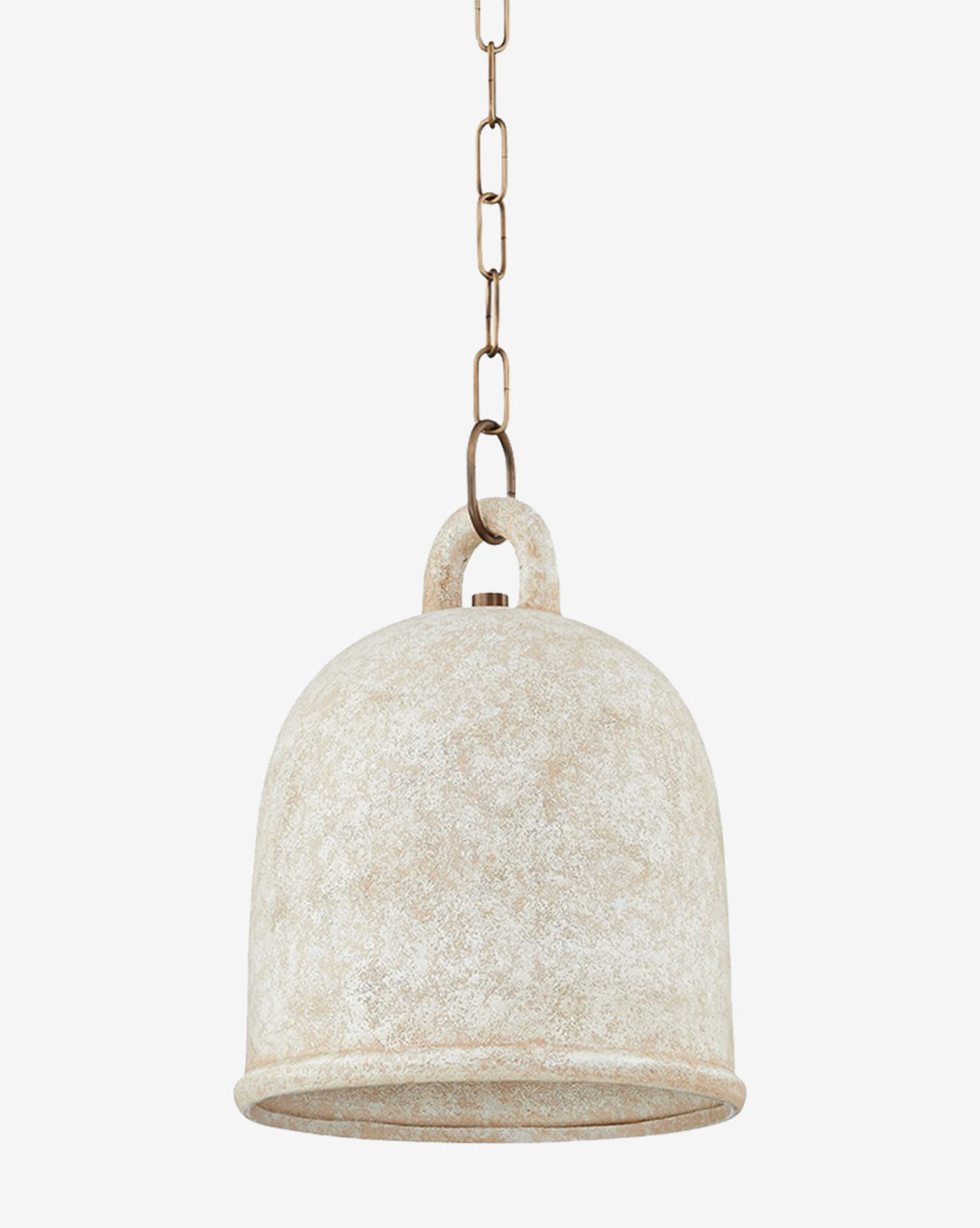 The Relic Pendant features a dome-shaped, textured off-white ceramic shade suspended from a patina brass chain, displayed against a plain white background, by Vendixs