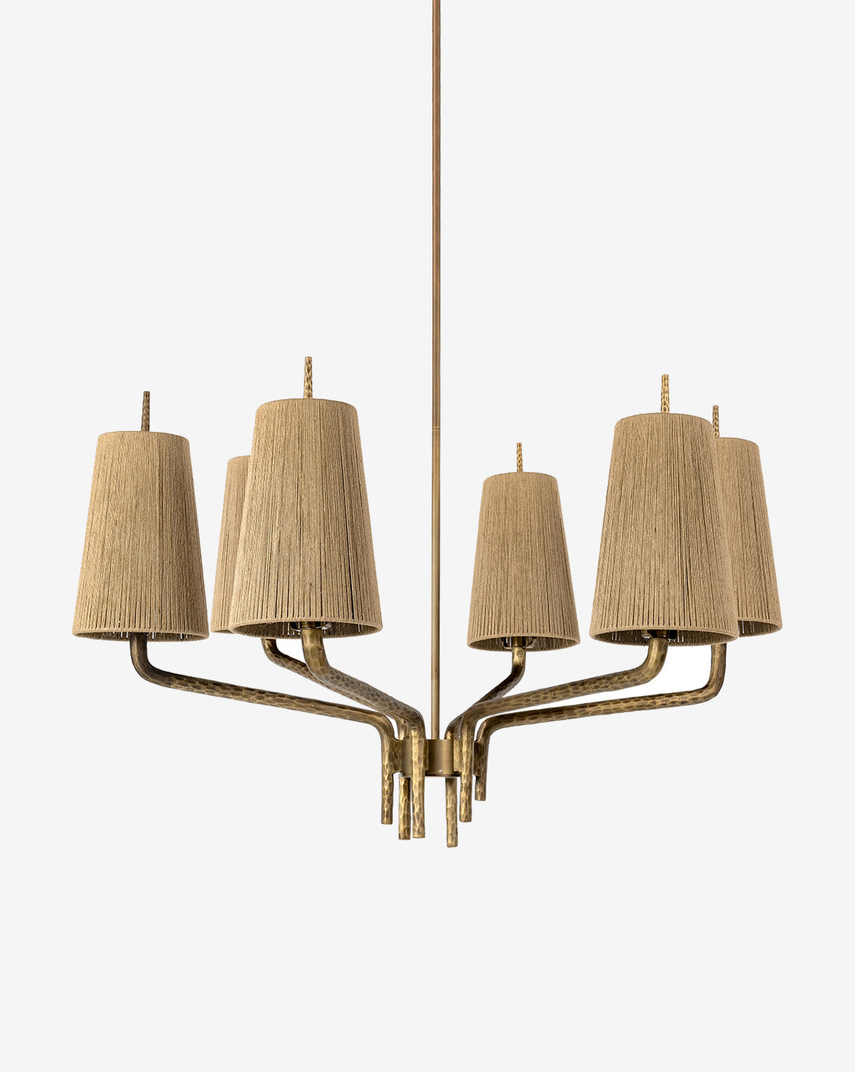 The Renee Chandelier by Palecek features six curved arms with beige textured jute shades, all suspended from a central rod, Vendixs