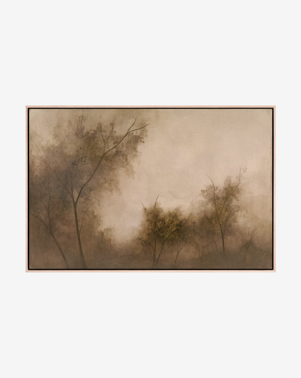 Restored by Brittany Schulz is a muted, sepia-toned painting on museum-quality canvas, featuring dramatic landscapes with faint bare trees and hazy light, creating a tranquil and mysterious atmosphere, by Vendixs