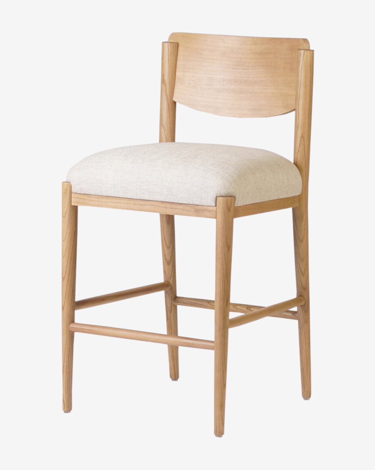 The Reverie Stool by Four Hands features a light natural wood finish, curved backrest, cushioned beige seat, and minimalist straight legs for a modern look. Vendixs