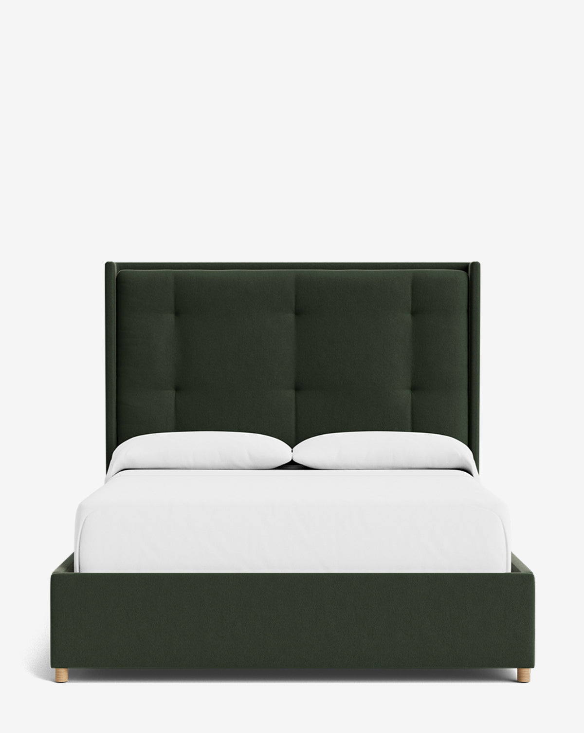 The Ria Bed features a modern dark green upholstered frame, tall tufted headboard, and wooden legs. Shown with white bedding and two pillows against a plain white background. Customizable to match your style, by Vendixs