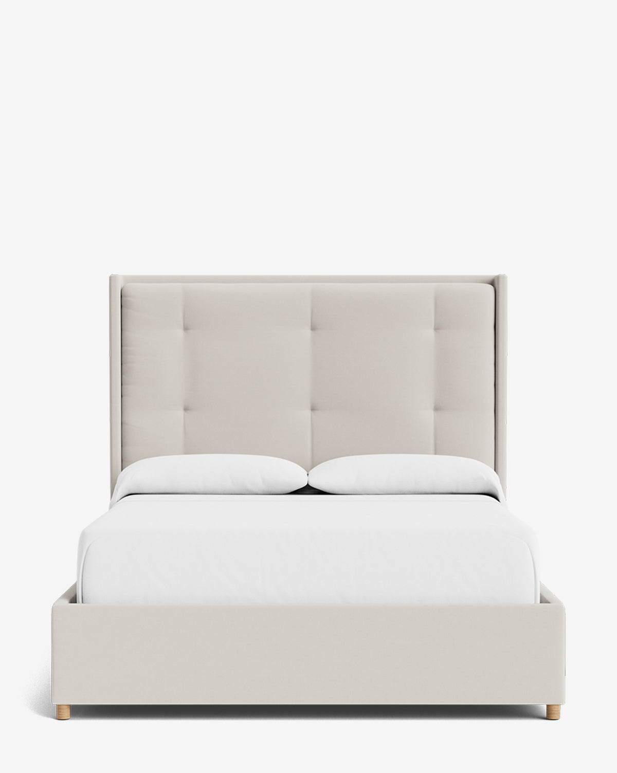 The Ria Bed is a modern, customizable upholstered bed featuring a tall, tufted beige headboard, white bedding, and two pillows, shown from the front against a plain white background by Vendixs