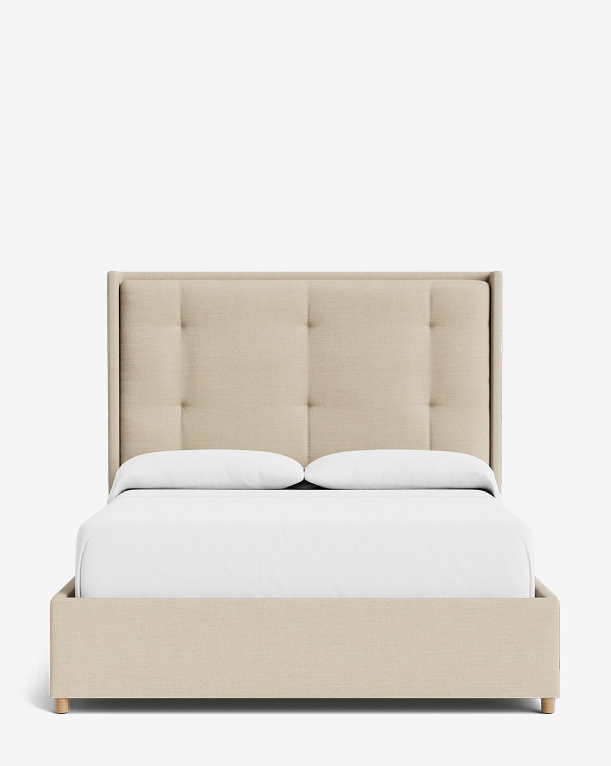 The Ria Bed is a customizable upholstered bed with a tall, tufted headboard and low-profile frame, shown here with white bedding and two pillows against a plain white background, by Vendixs