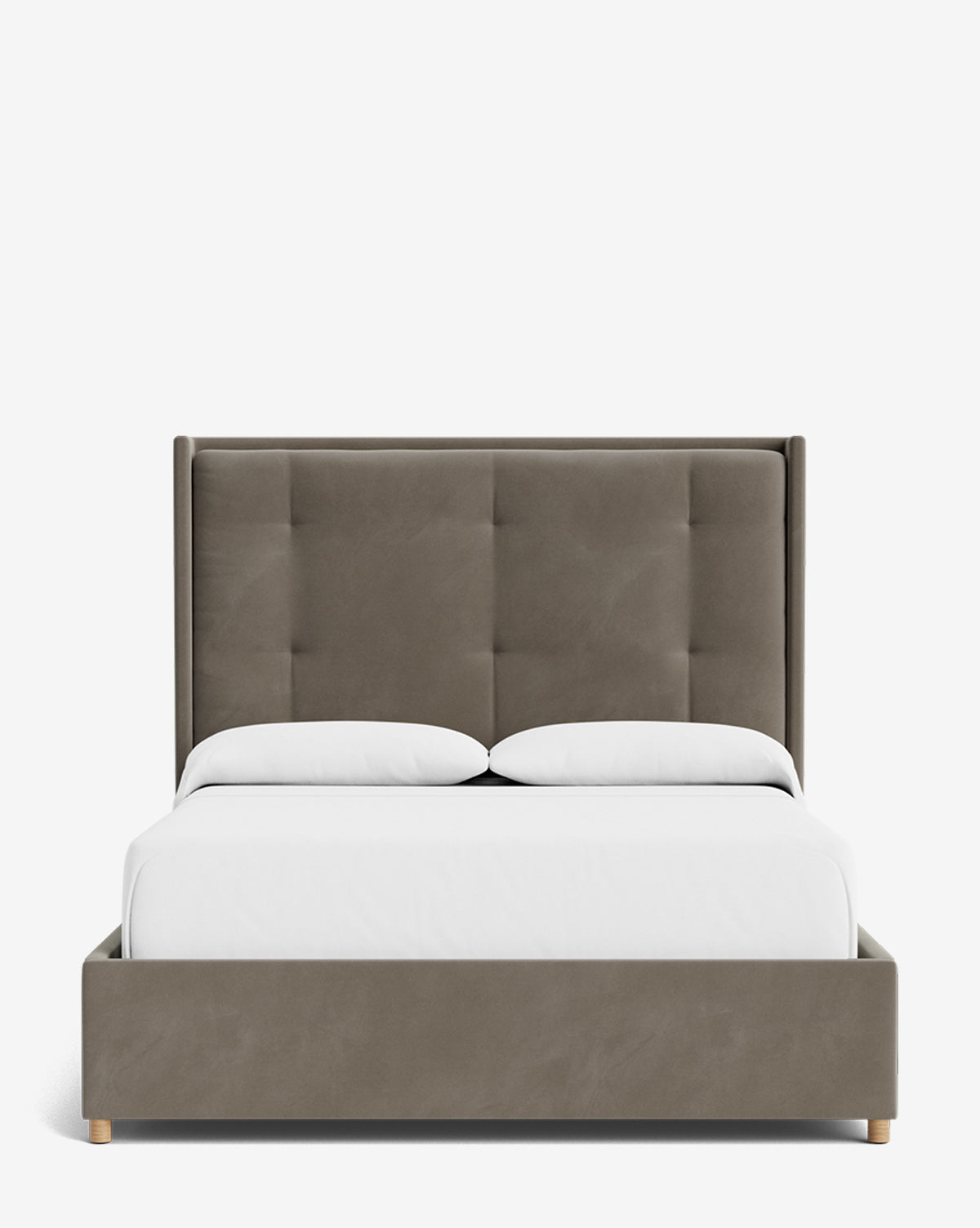 The Ria Bed features a modern upholstered design with a tall, padded, tufted headboard and matching frame. Shown with white sheets and pillows against a white background. Fully customizable to match your style, by Vendixs