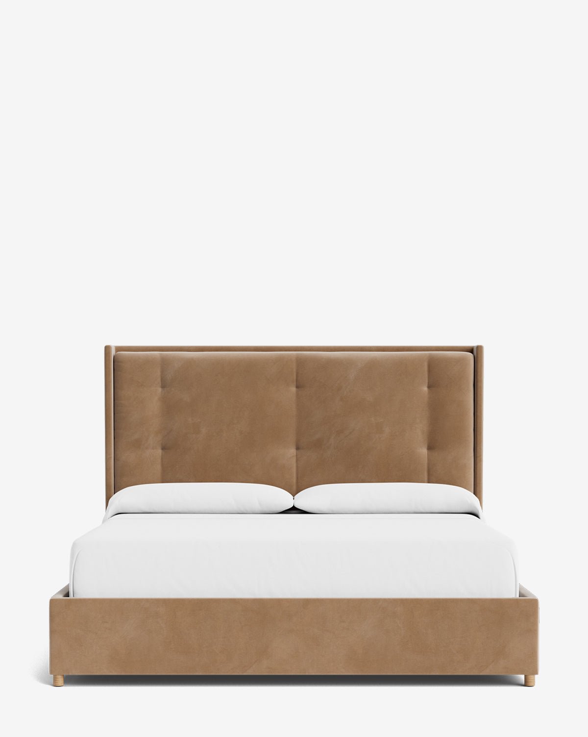 Front view of the Ria Bed, a modern customizable upholstered design with a tall tan tufted headboard, white bedding, and two white pillows, set against a plain white background, by Vendixs