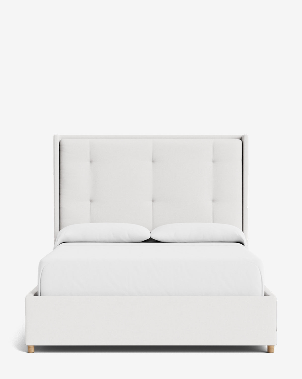 The Ria Bed features a modern, customizable upholstered design with a tall, tufted headboard, two pillows, and a neatly arranged white comforter, shown from the front against a plain white background by Vendixs