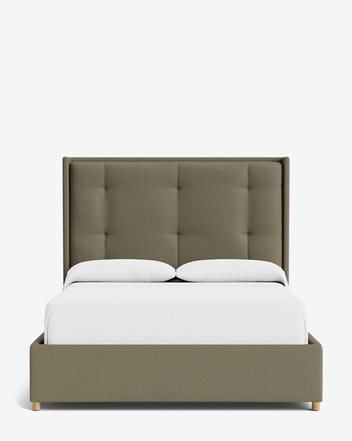 The Ria Bed is a modern, customizable upholstered bed with a tall tufted olive green headboard, white bedding, and two white pillows, displayed against a plain white background by Vendixs