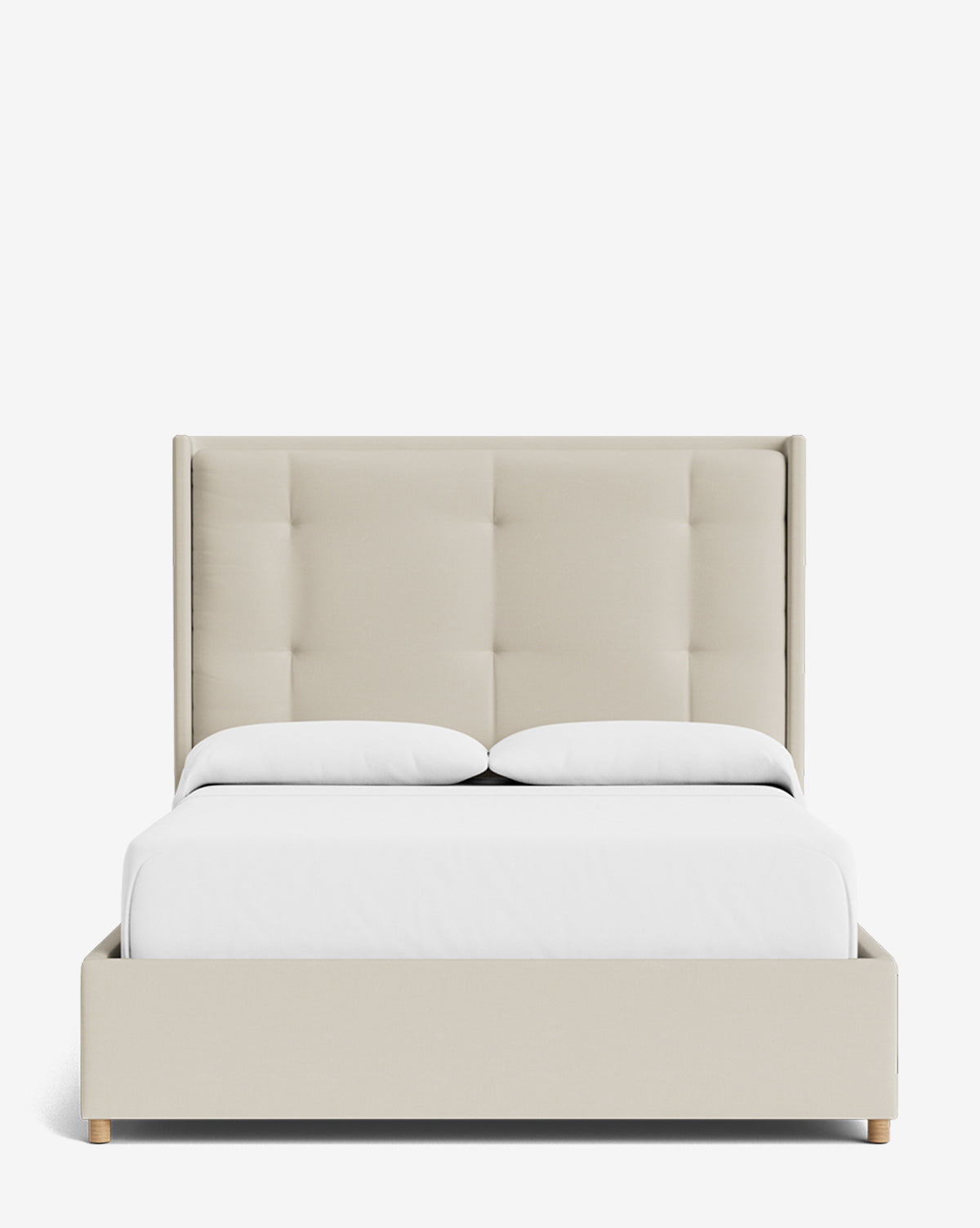 The Ria Bed features modern light beige upholstery with a customizable tall tufted headboard, white bedding, and two pillows, displayed against a plain white background by Vendixs