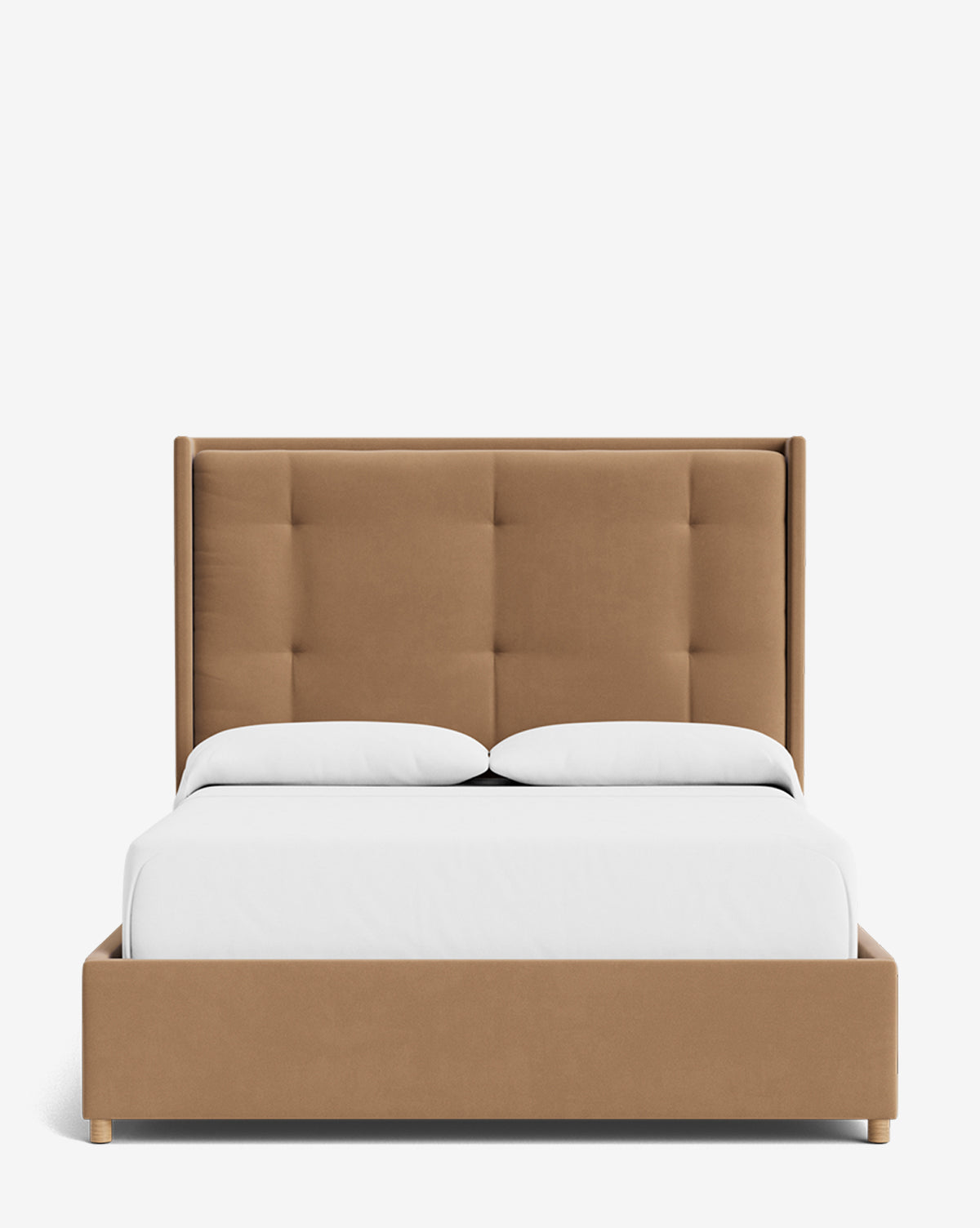 The Ria Bed features a modern upholstered design with a light brown, tufted headboard and frame, white bedding, and two white pillows. Shown against a plain white background, it offers customizable options to match your style, by Vendixs