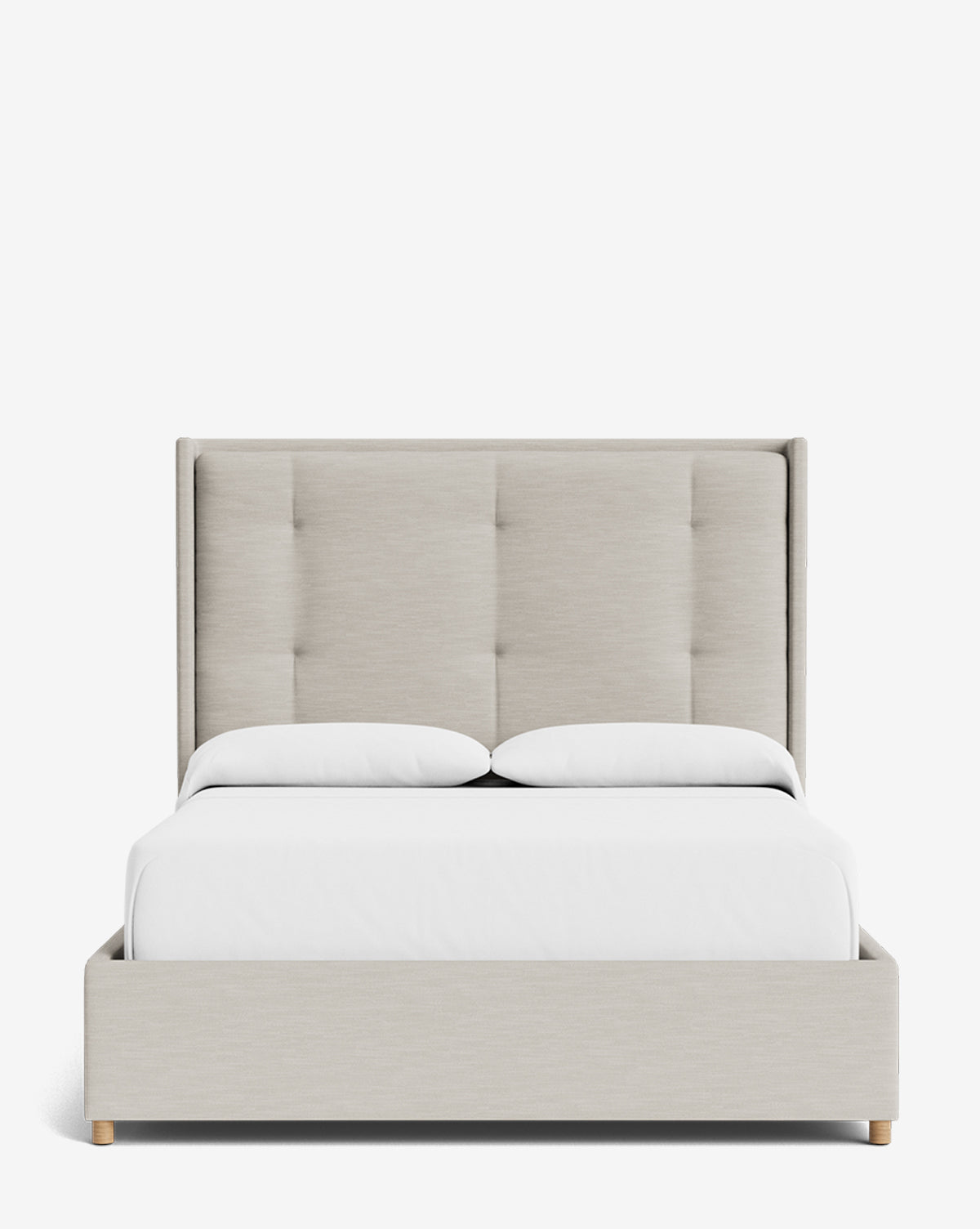 The Ria Bed is a modern, customizable light gray upholstered bed with a tall tufted headboard, white bedding, and two pillows, set against a plain white background, by Vendixs