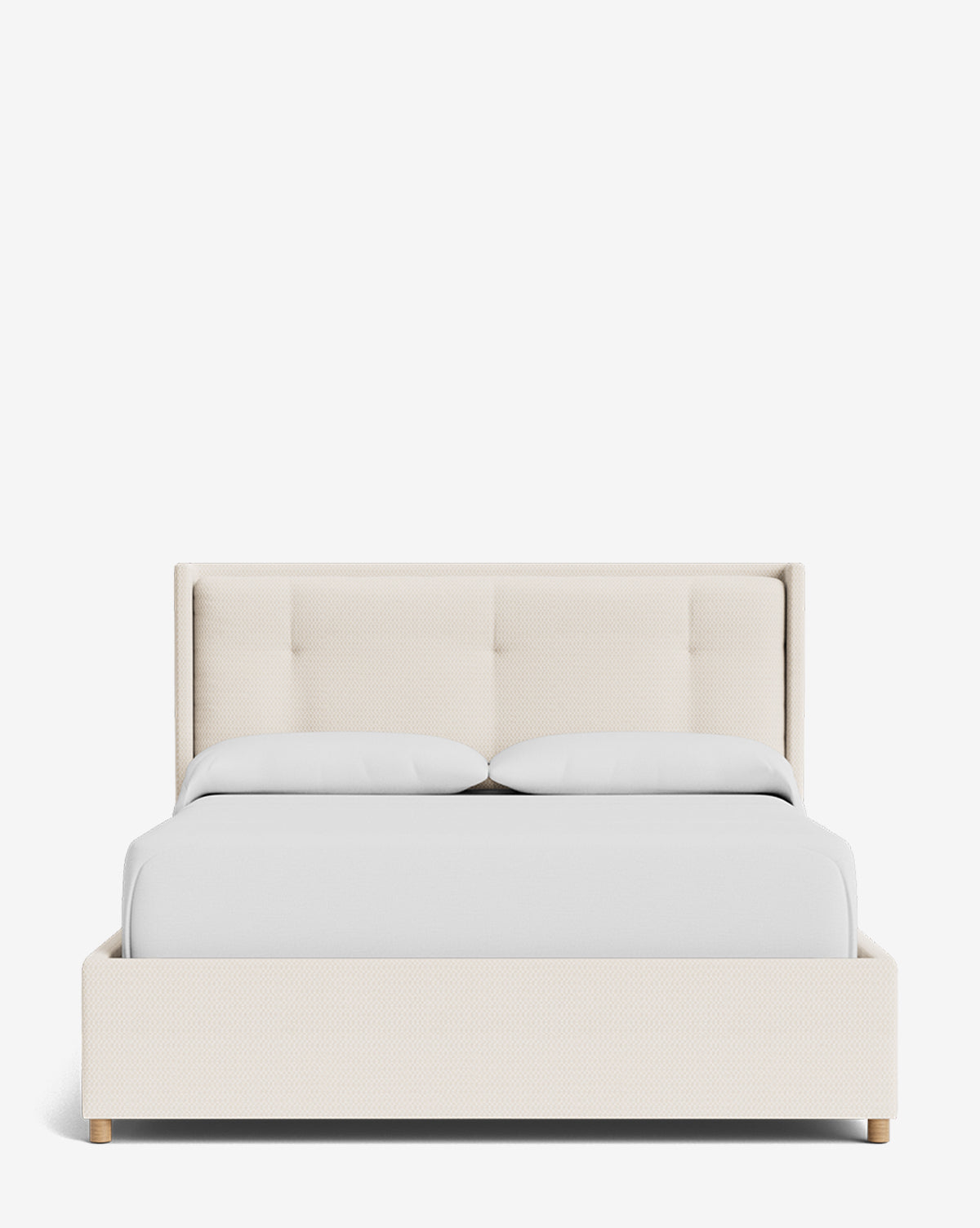 The Ria Bed Low Headboard is a modern upholstered bed with clean lines, featuring a light beige fabric headboard and frame, plus two white pillows, all shown against a plain white background by Vendixs