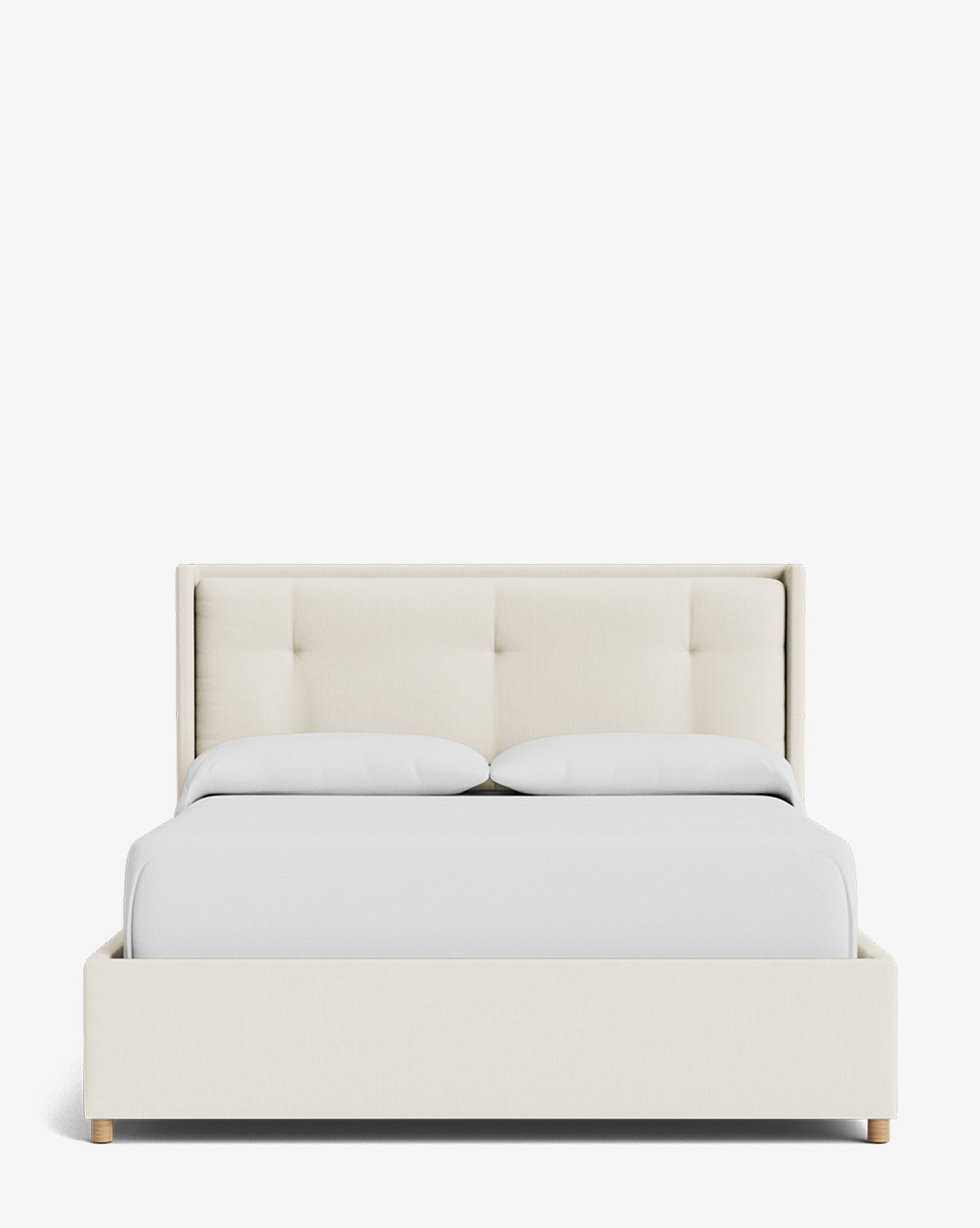 The Makerspalm Ria Bed Low Headboard features a modern design with a tufted light beige headboard, low matching frame, white bedding, and two pillows, all shown from the front against a plain white background. Vendixs
