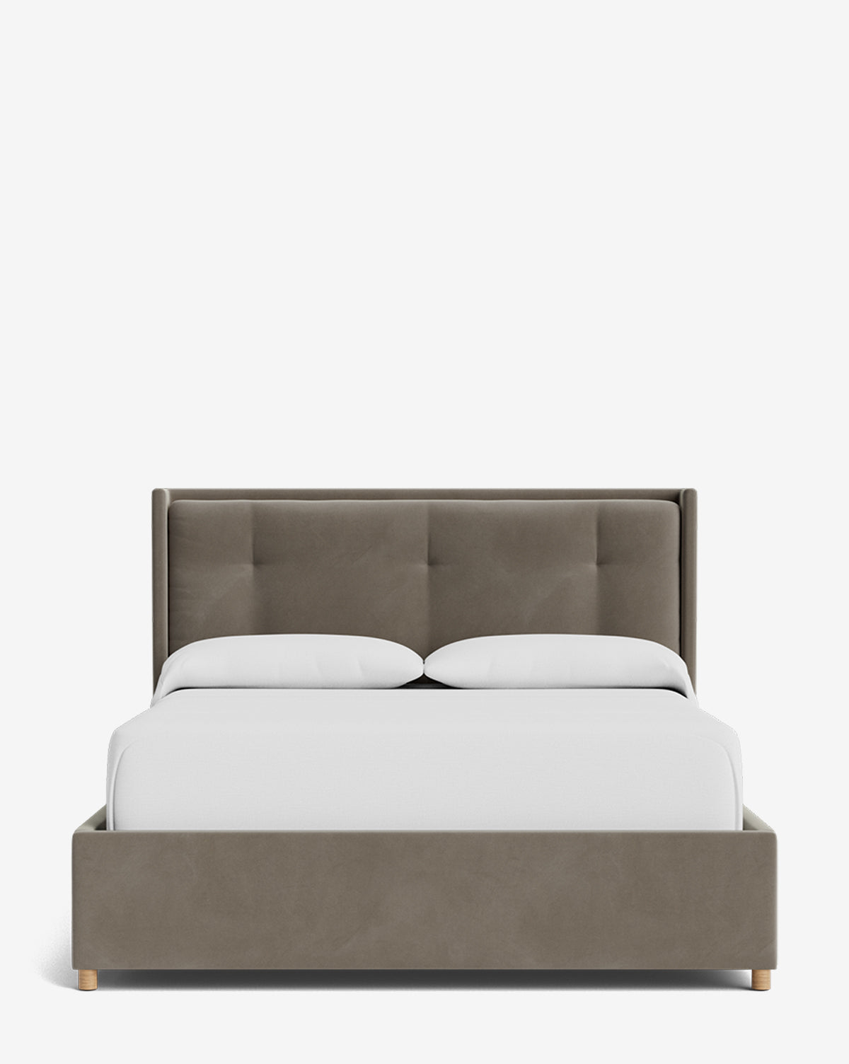 The Ria Bed Low Headboard is a modern upholstered bed with a gray tufted headboard and frame, shown with two pillows and white bedding on a plain white background, by Vendixs