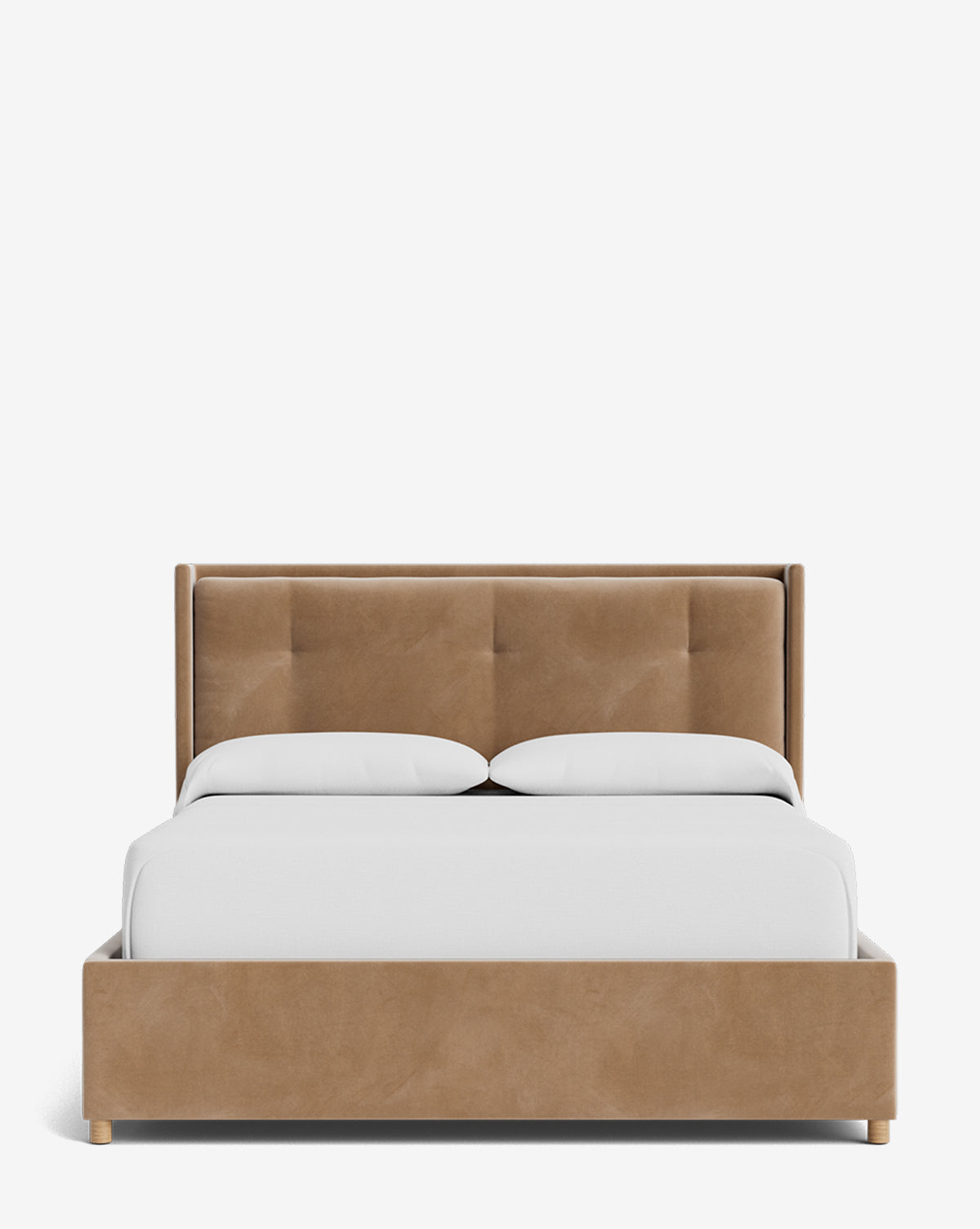 The Ria Bed Low Headboard is a tan upholstered bed with a tufted headboard and crisp white bedding, displayed from the front against a simple white background, by Vendixs
