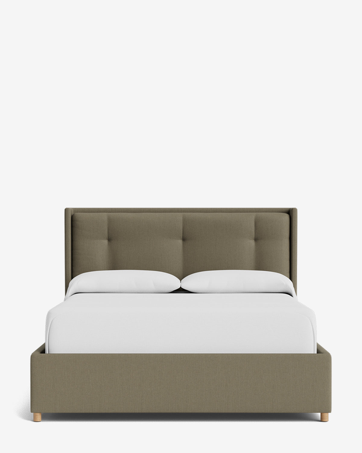 The Ria Bed Low Headboard features a light olive upholstered frame and tufted headboard, styled with crisp white bedding and pillows, set against a plain white background by Vendixs