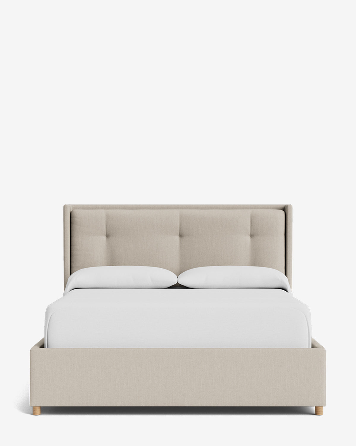 The Ria Bed Low Headboard is shown from the front against a plain white background, featuring beige upholstery, a tufted low headboard, white bedding, and two pillows by Vendixs