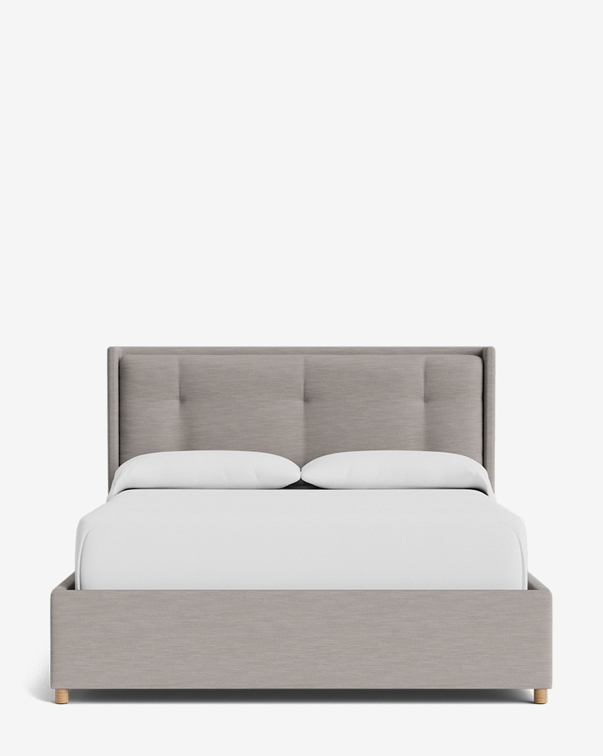 The Ria Bed Low Headboard features light gray upholstery, a low, tufted headboard, and wooden legs, topped with white bedding and two pillows, all set against a plain white background by Vendixs